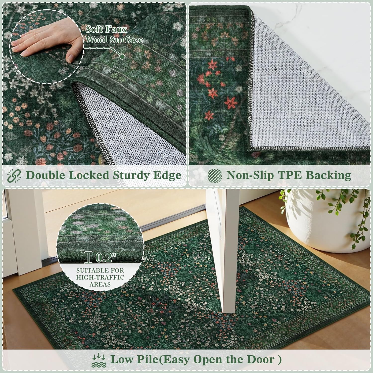 LIVEBOX Dark Green Floral Entryway Rug 2x3 Washable Rugs for Kitchen, Boho Non Slip Indoor Door Mat Entrance, Vintage Green Forest Small Low Pile Ultra Thin Throw Carpet for Bedroom Bathroom Laundry - Image 7