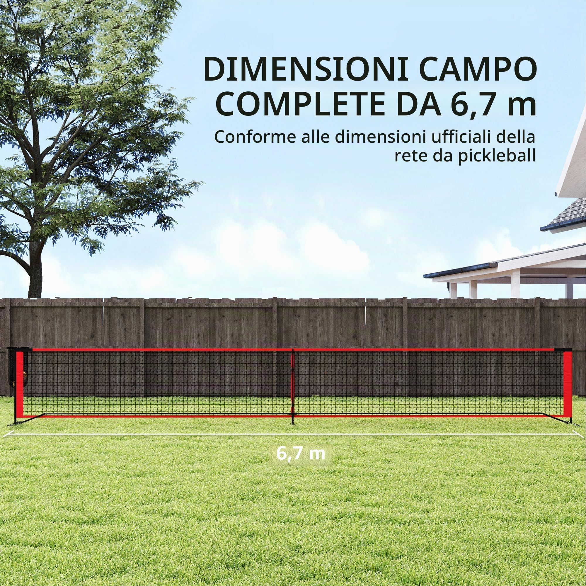 SPORTNOW rete da pickleball set portatile da 6,7 m con rete, set per segnare il campo, raccoglitore di palline, quattro palline e borsa per il trasporto per esterni, vialetto