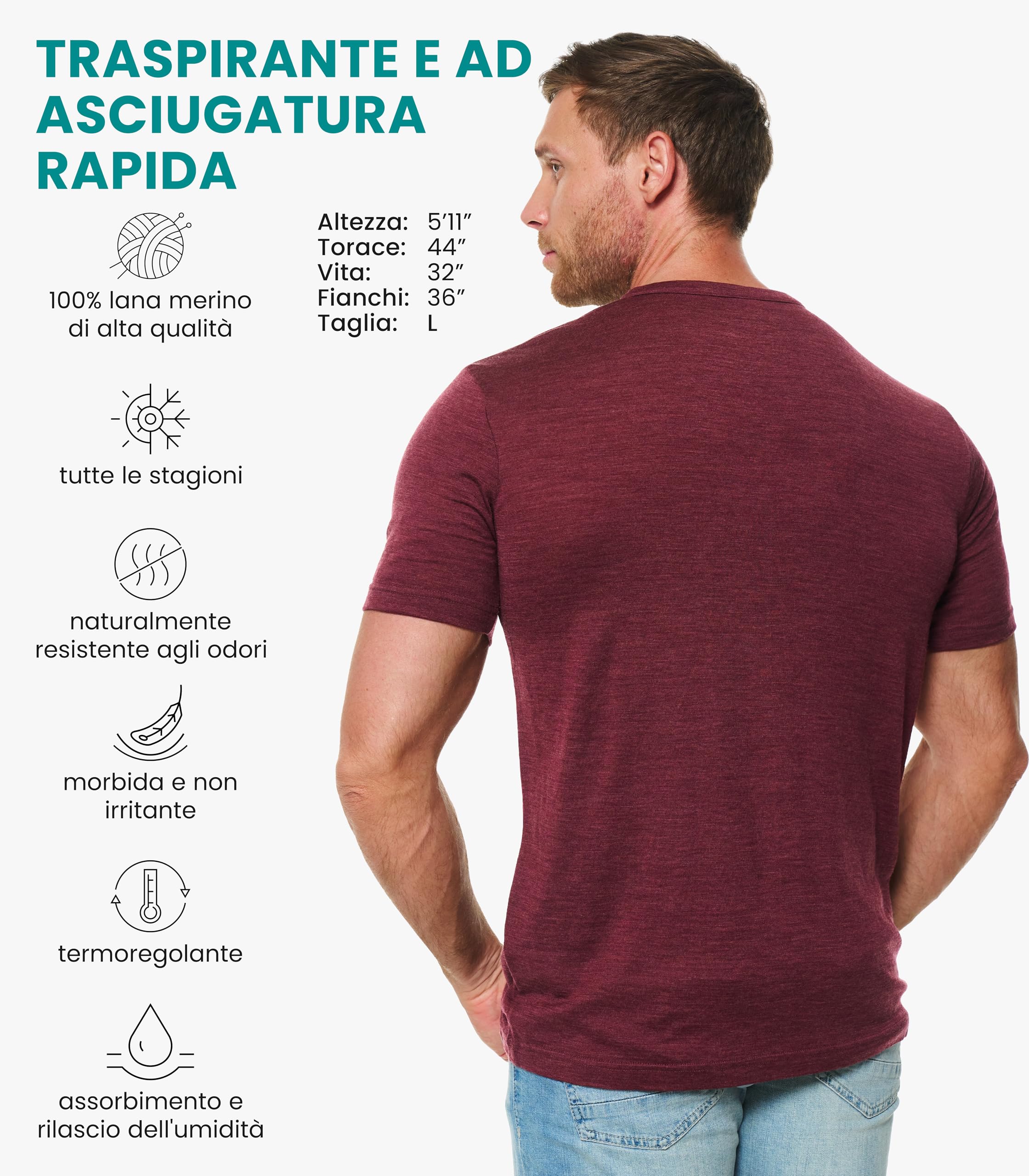 T-Shirt in Lana Merino per Uomo - Maglietta Sportiva da Uomo (X-Large, Burgundy Henley)