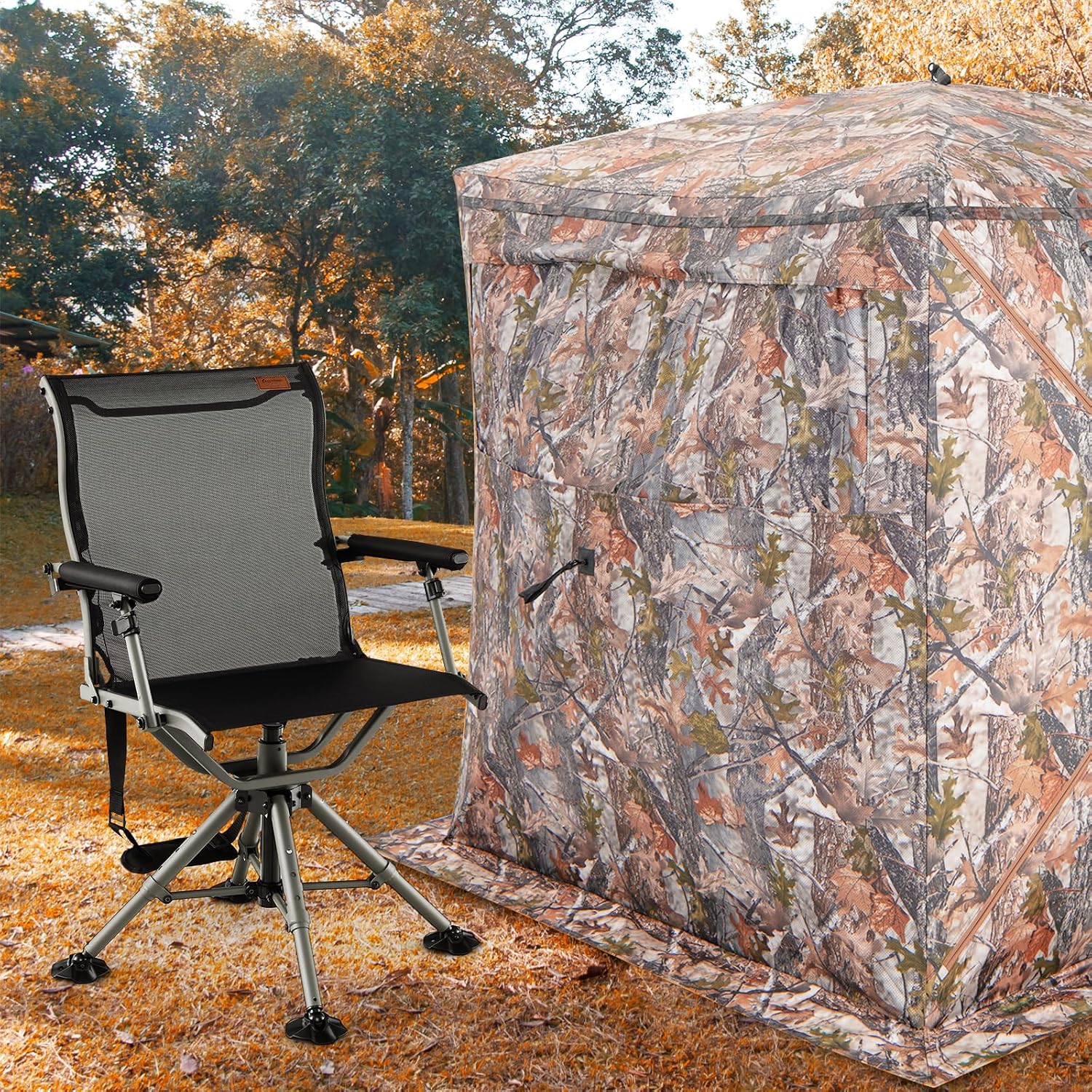 COSTWAY Folding Hunting Chair, 360° Silent Swivel Hunting Blind Chair w/Oversized Duck Feet & Padded Armrests, 400 LBS Load Capacity, Portable Ground Hunting Chair for Outdoor Fishing Camping