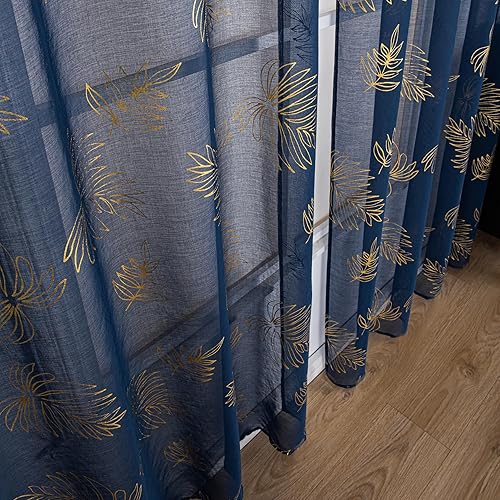 Miniatura 8 de Setaback - Cortinas y cortinas traslúcidas azul marino de 84 pulgadas de largo, juego de 2 paneles para dormitorio, sala de estar, estampado dorado