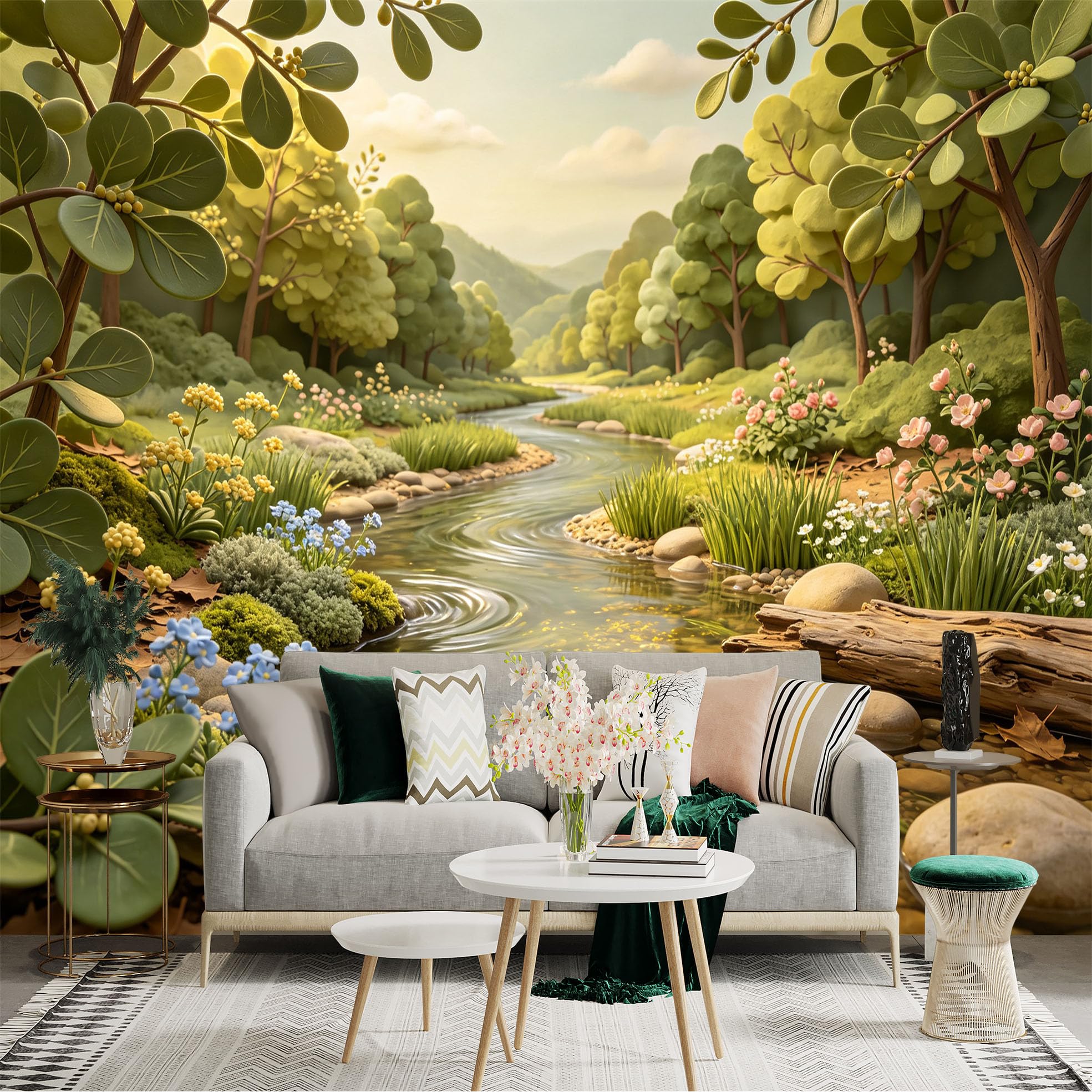 Lnzczhyre Bh260719659 Custom Size Wall Sticker Mural， Serene River Valley， Lush Green Forest Landscape， Flowing Water And Wildflowers， For Wall Decoration， Peelandstick Wall Decals.