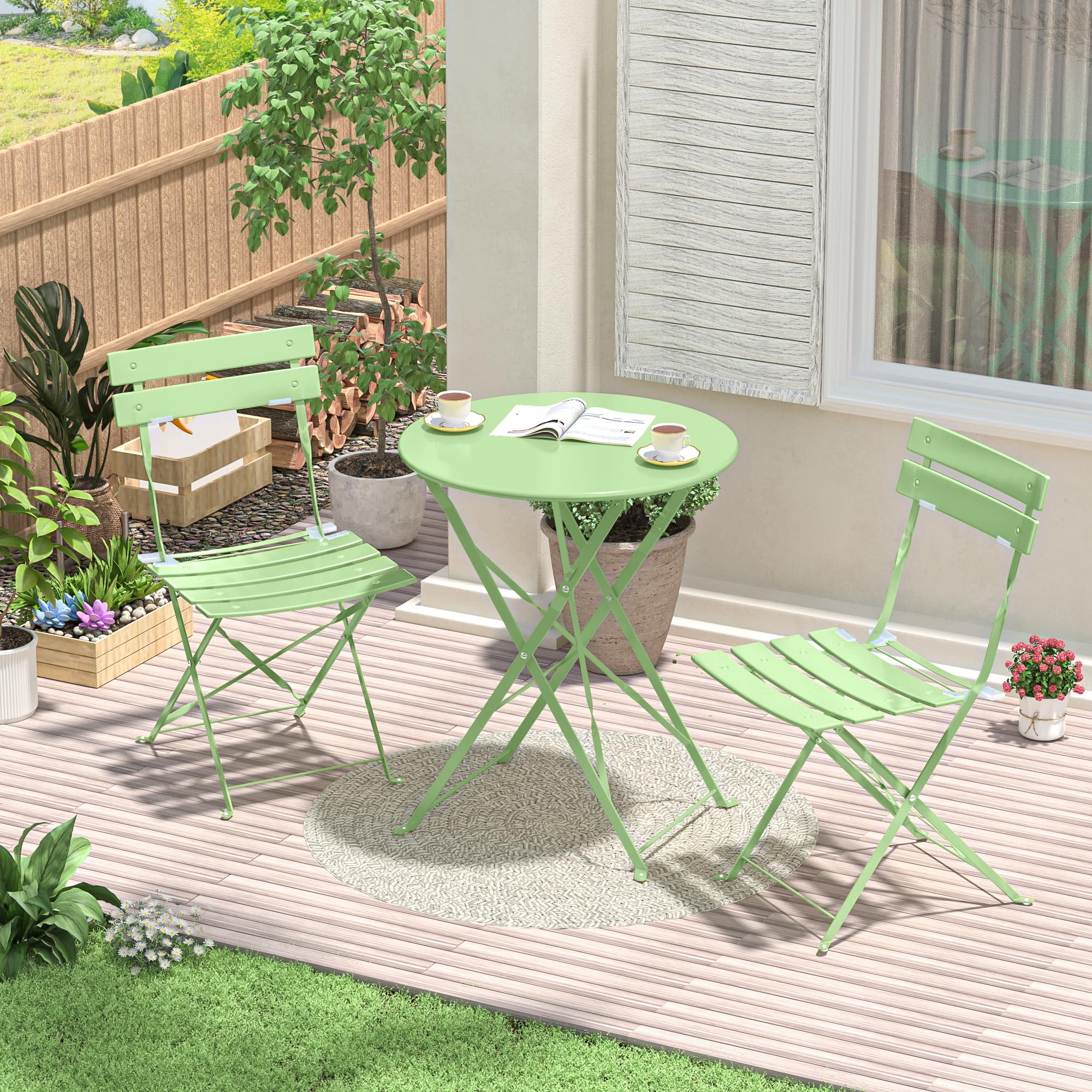 Set di mobili da giardino resistente alle intemperie, set da 3 pezzi, per piccoli balconi, tavolo da bistrot con 2 sedie, set da bistrò, pieghevole, verde