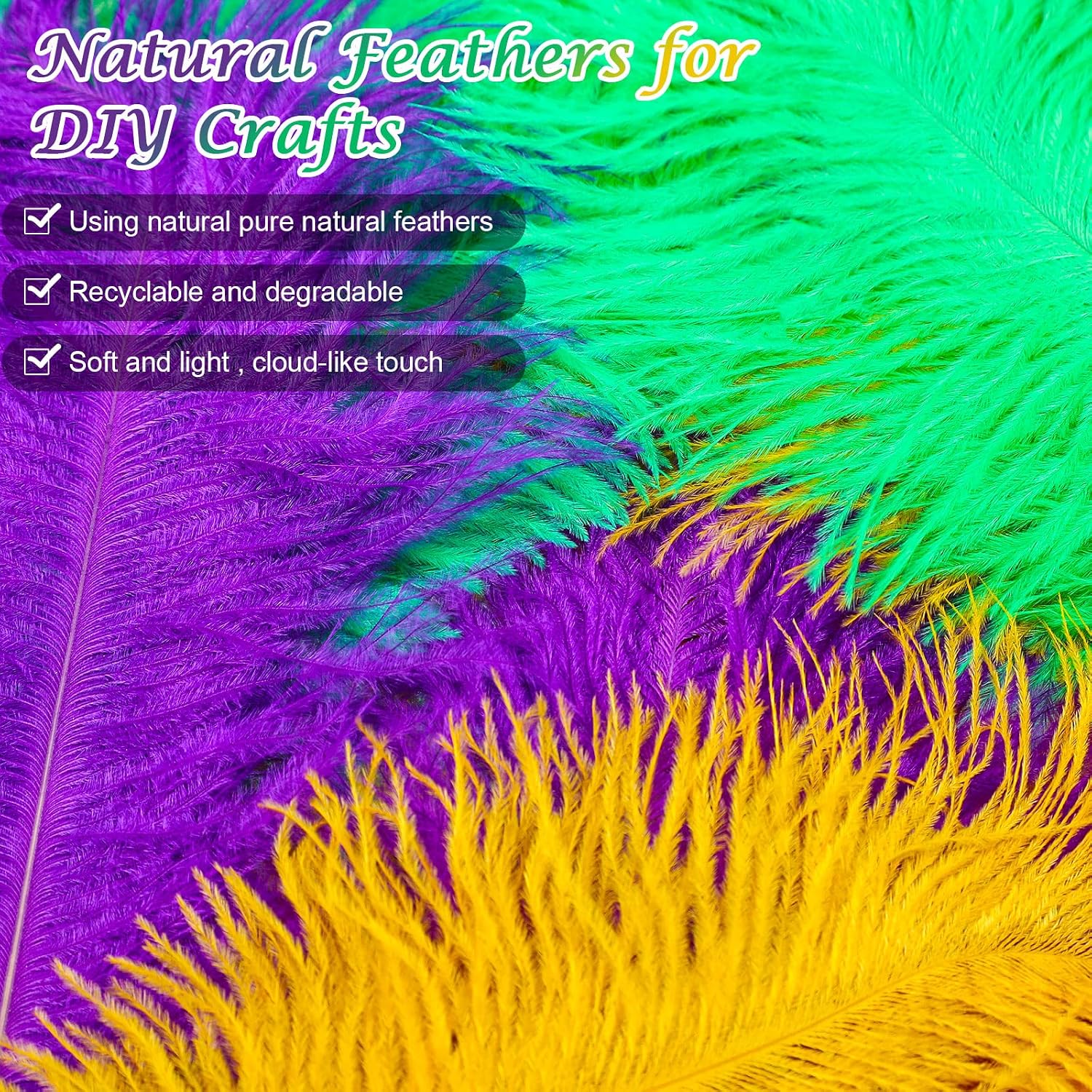 Cindeer 24 Pcs Mardi Gras Ostrich Feathers 14-16 Inches Green Purple Yellow Feather for Crafts DIY Carnival Party Costume Decor