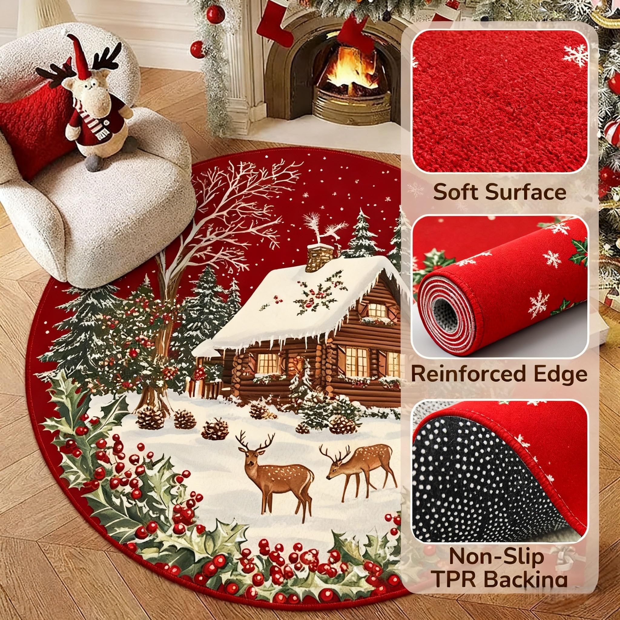 Odot Tapis Rond de Noël, Lavable Rug de Salon, Chambre à Coucher, Ambiance Festive,Tapis Chambre Enfant, Couverture de Chevet Père Noël pour L'intérieur (Rouge et Vert,160cm)
