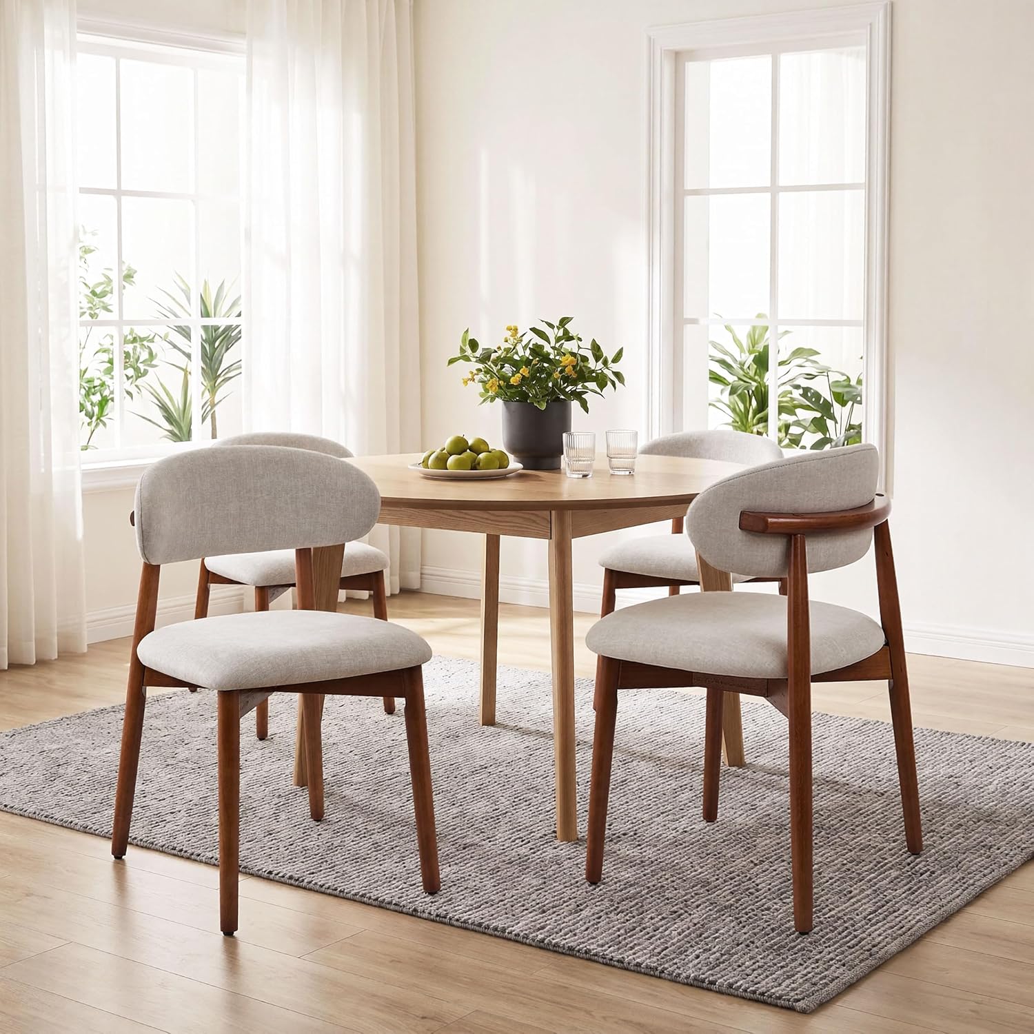 Farmhouse Dining Chairs Set of 4, Mid Century Modern Dining Room Chairs, Wooden Upholstered Kitchen Chairs for Living Room Restaurant Cafe, Walnut/Warm Grey