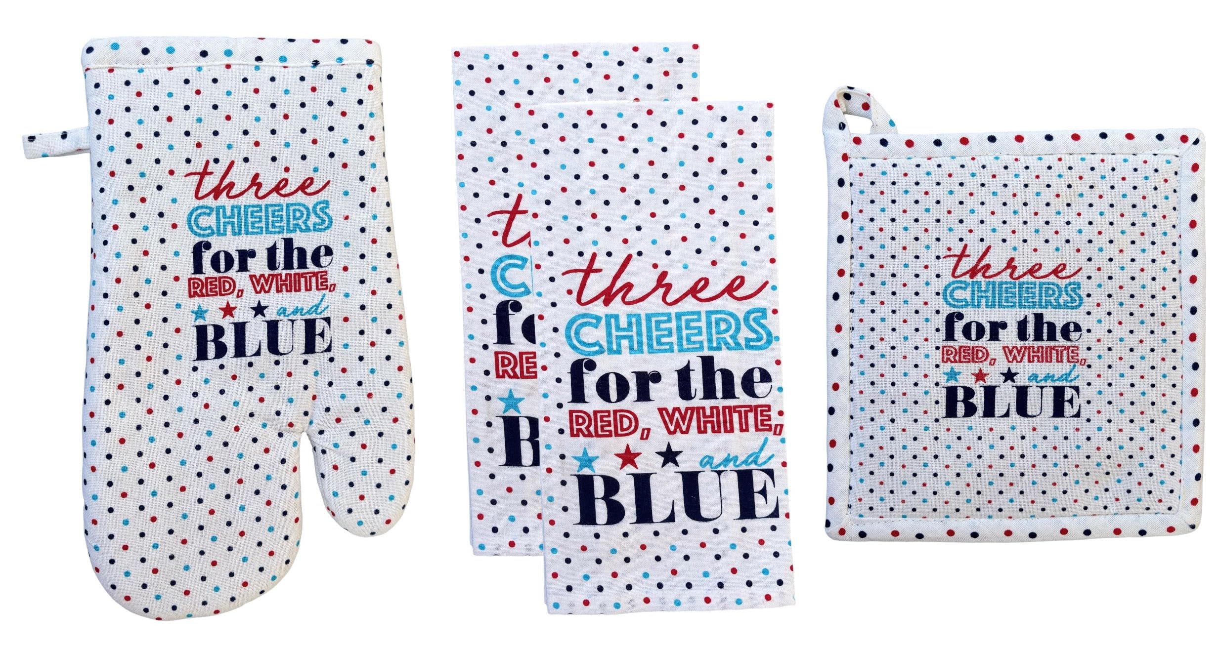 Set of 4, 100% Cotton Americana Theme Design Quilted Hanging Loop Kitchen Sets with Three Cheers for The Red, White, Blue Include 2 Kitchen Towels, Pot Holder & Oven mitt.