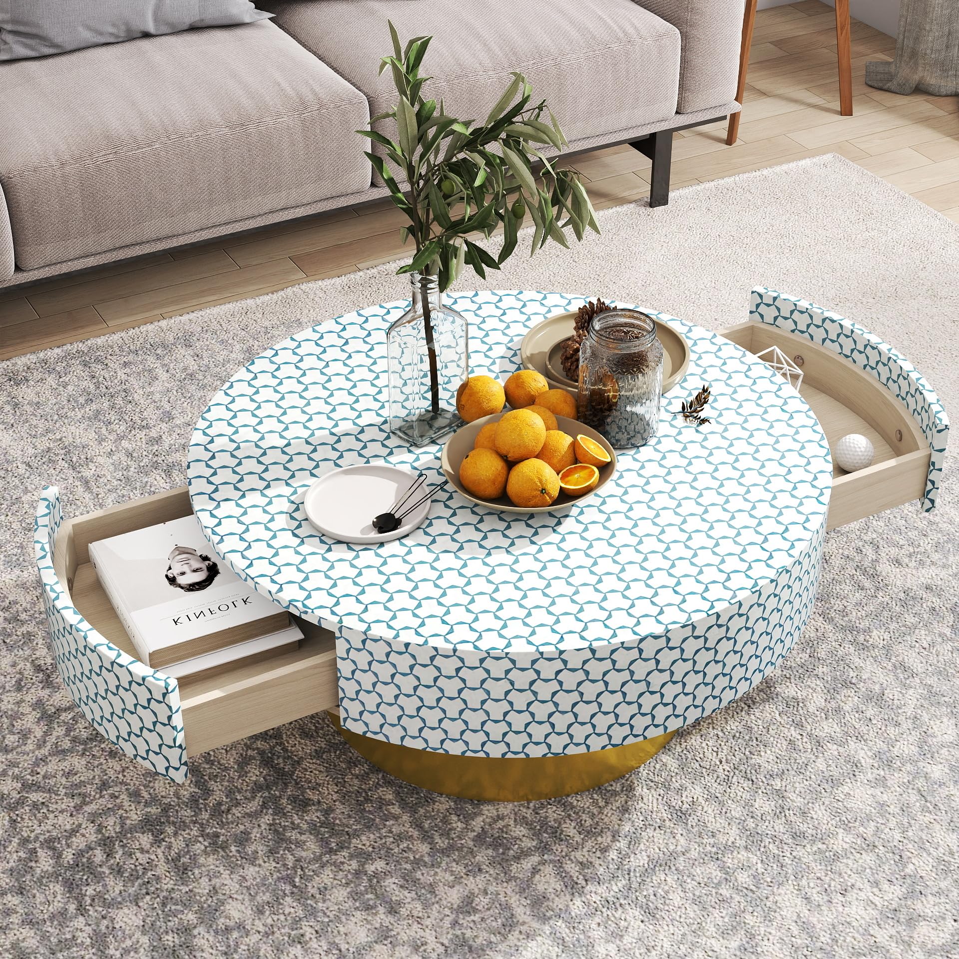 Round Coffee Table with Storage, Mid Century Centre Table with 2 Large Drawers Storage Accent for Living Room, Home Small Space, 32.5"