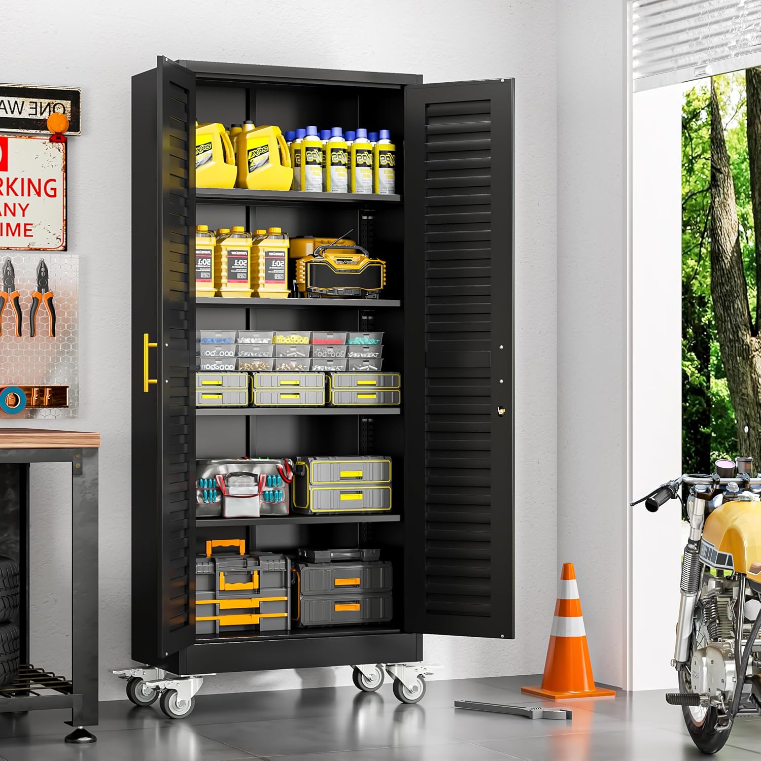 GAIOUS 71” Metal Garage Storage Cabinet with Lock and Wheels, Metal Storage Cabinet with Louvered Door and 4 Adjustable Shelves, Rolling Tool Cabinet, Utility File Cabinet for Home Office -Black