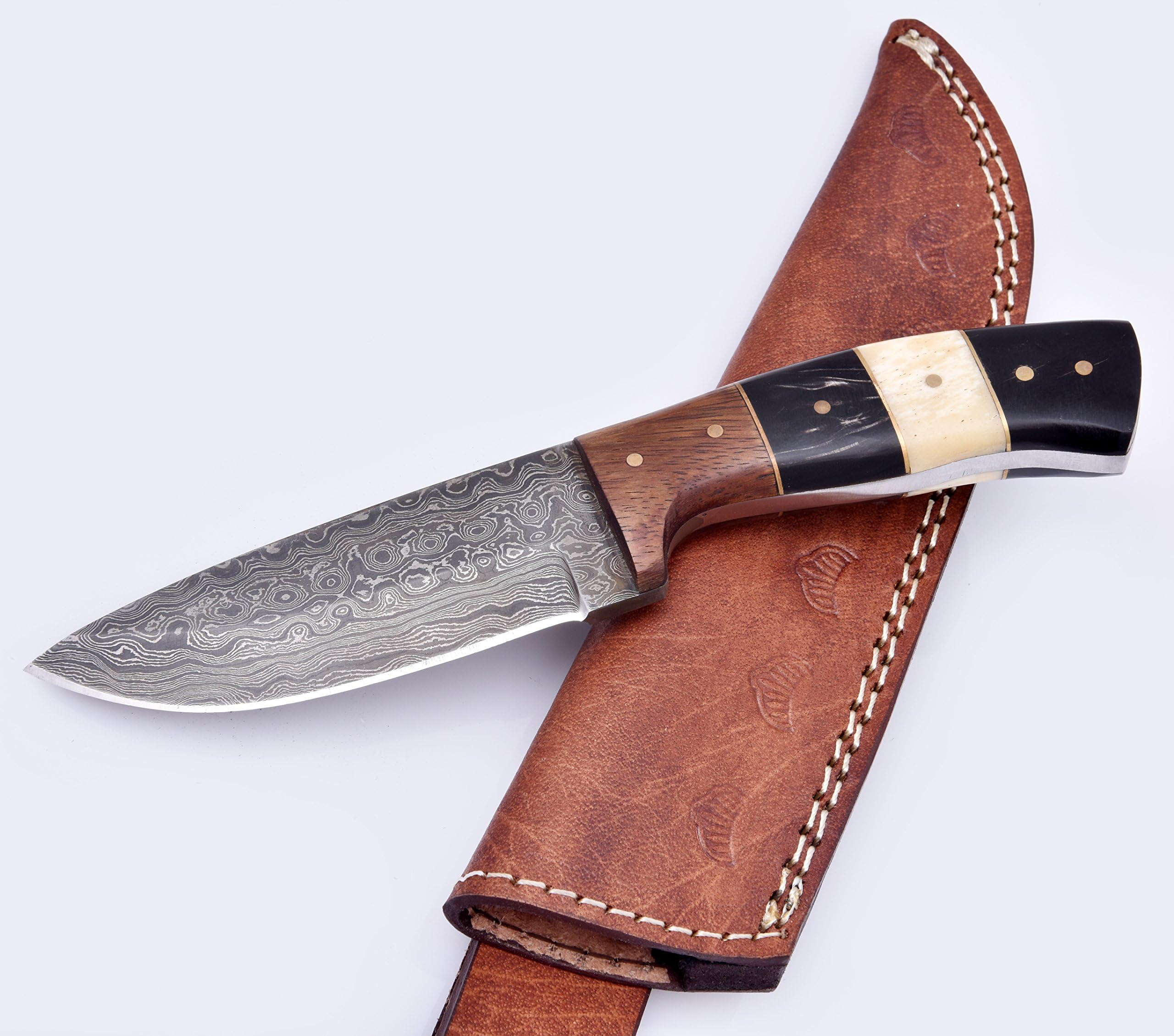 8 in. Bowie Knife- Handmade Damascus Knife- Decorative Knives, Camping Survival Knife, and Hunting Knife with Camel Bone and Walnut Wood Handle, 4 in. Sharp Blade with Leather Sheath