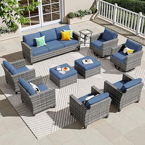 ovios 10 Pieces Patio Furniture Set, Outdoor Wicker Sofa Couch with Swivel Chairs, Rocking Glider Rocker with Comfy Cushions All Weather Rattan Conversation Set, Denim Blue