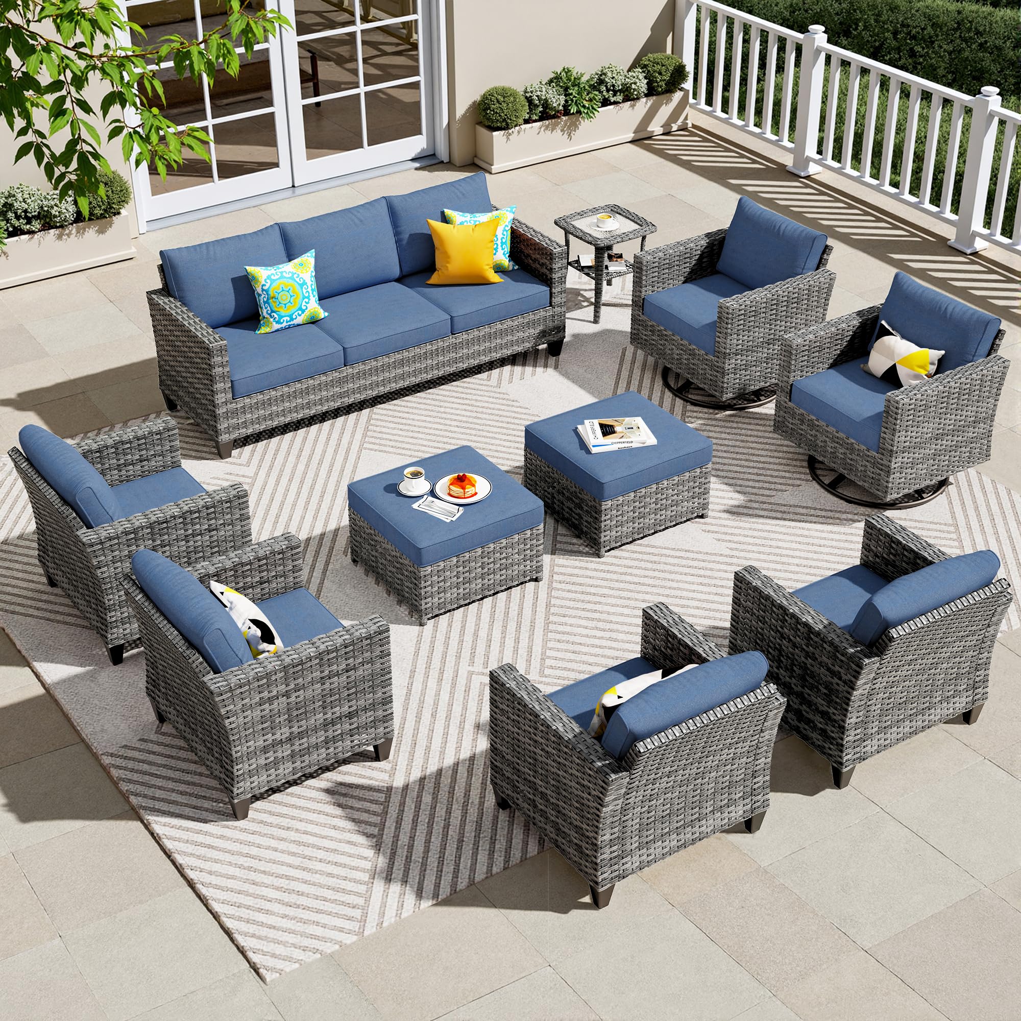 ovios 10 Pieces Patio Furniture Set, Outdoor Wicker Sofa Couch with Swivel Chairs, Rocking Glider Rocker with Comfy Cushions All Weather Rattan