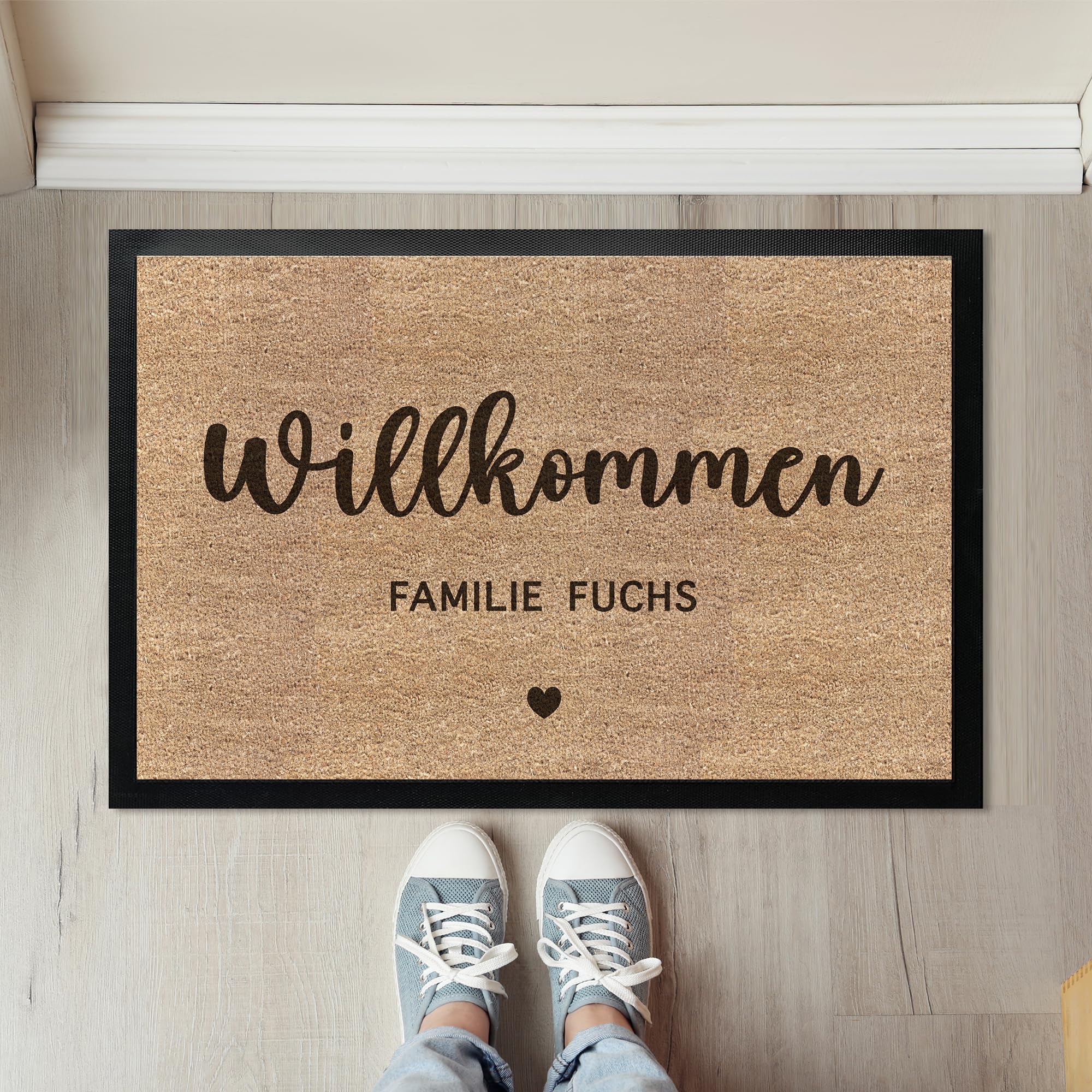 Willkommen Fußmatte Personalisiert Familie Name bis 120cm | Türmatte personalisiert Kokosmatten Optik als Geschenk Umzug, Hochzeit, Verlobung, Geburtstag mit Wunschtext (90x60cm)