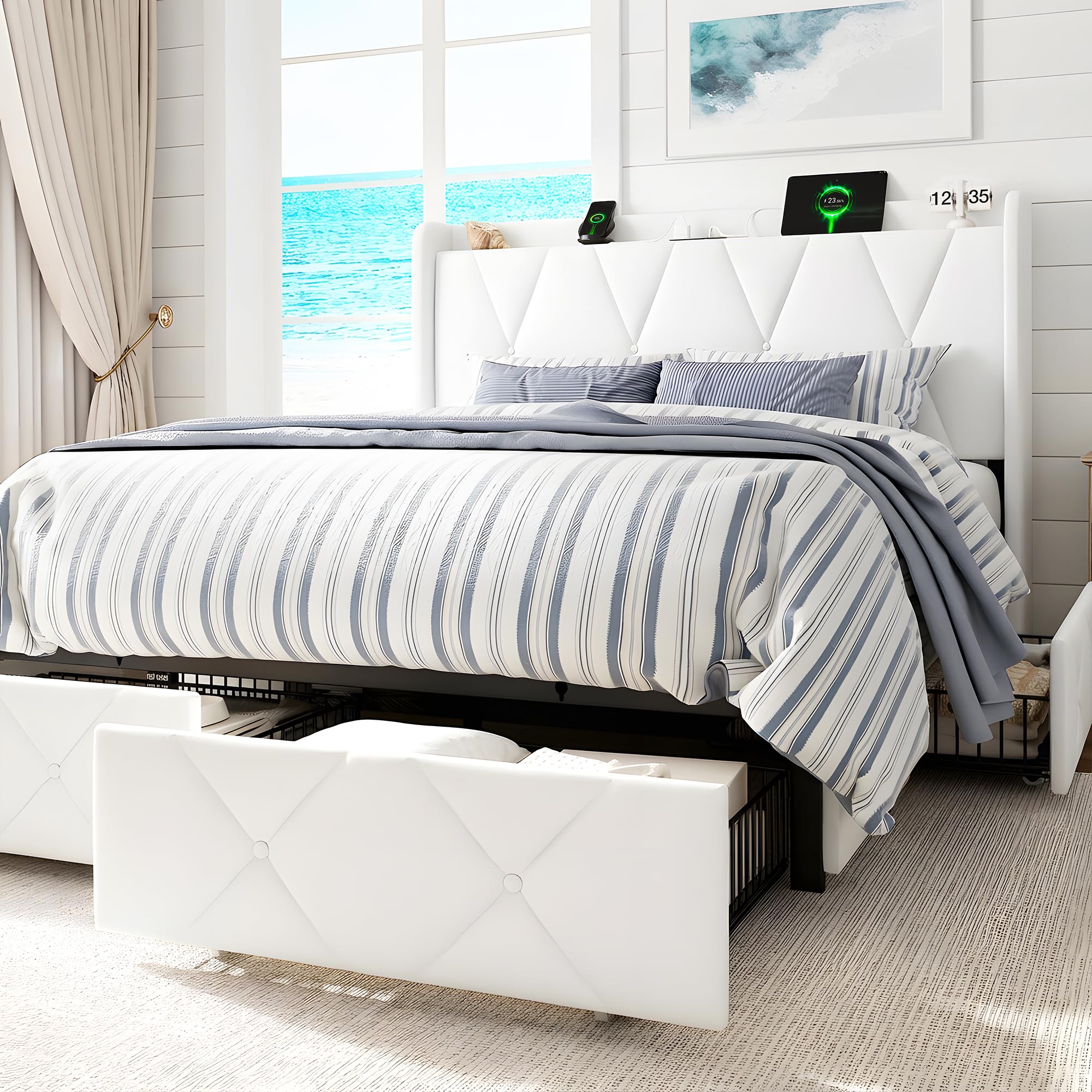 GalnFu Queen Bed Frame with 4 Storage Drawers, Upholstered Platform Bed with Charging Station