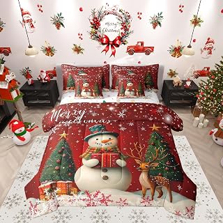 Manfei Merry Xmas 7 Pieces Comforter Set Full,Cute Deer Snownman Bedding Set for Bedroom Decor,Christmas Tree Gift（Comforter+Fitted+Flat Sheet+2 Pillowcases+2 Throw Pillow Covers）