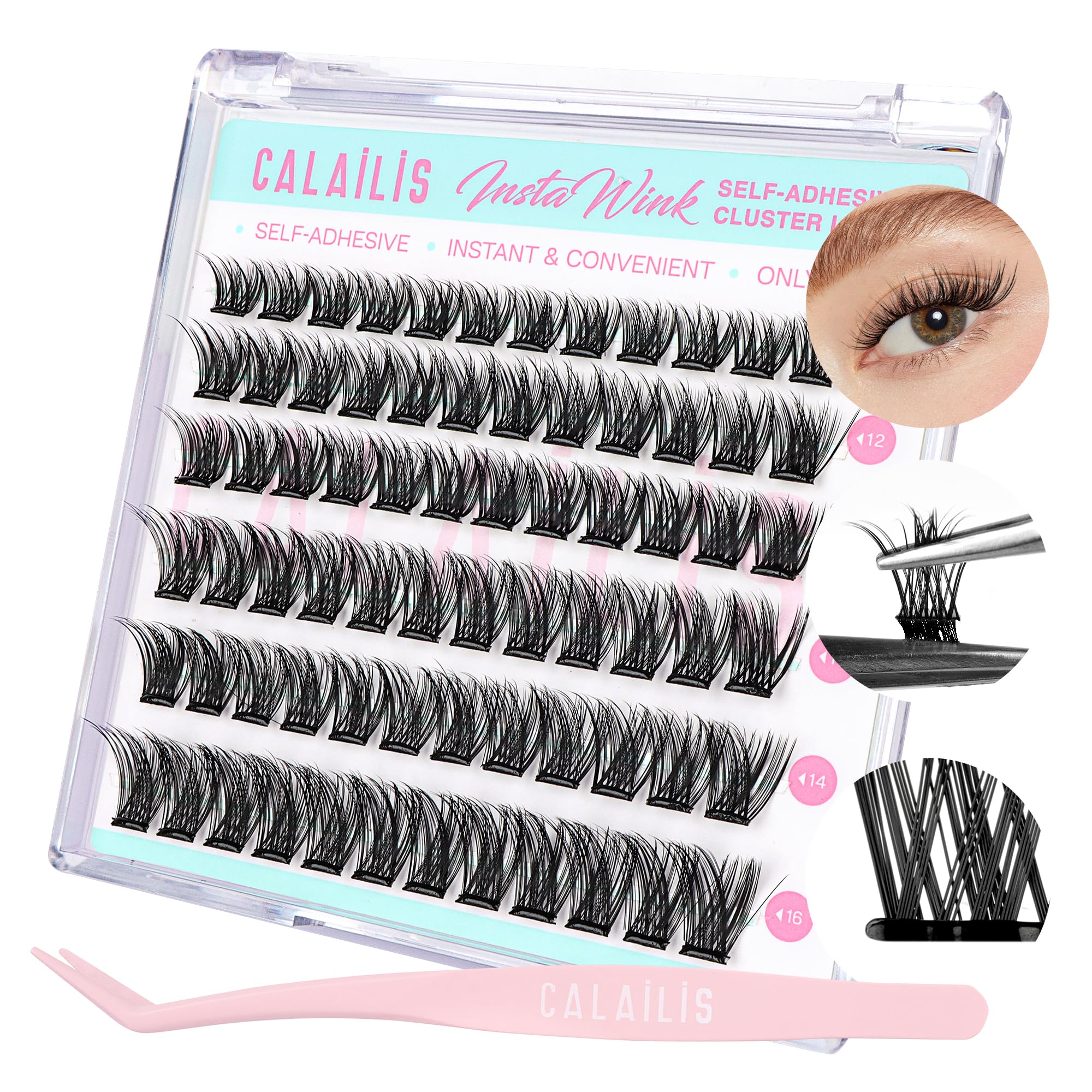 CALAILIS Self Adhesive Eyelashes 72Pcs D Curl No Glue Needed Wispy Lash Clusters Press on DIY CLuster lashes Pre Glued Reusable Glueless Eyelash Clusters Kit with Tweezers for Beginners (ZBP10)