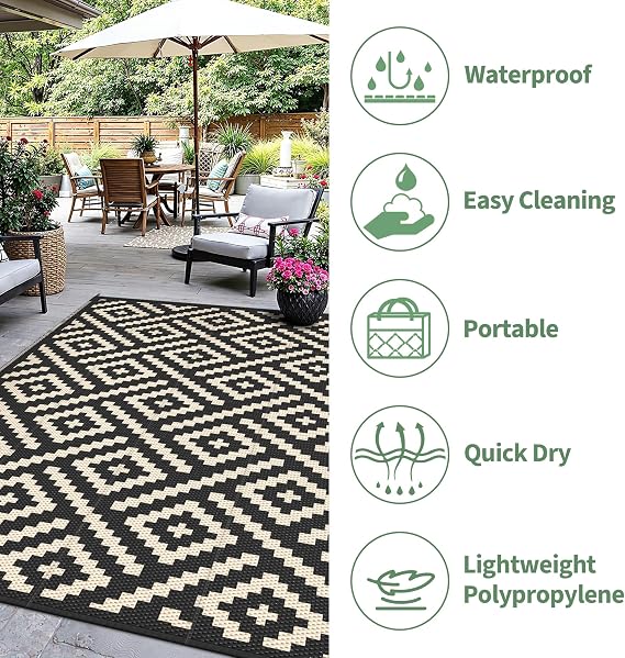 sarben Outdoor Rug for Patio - Waterproof Plastic Straw Camping Rugs 8x10 ft, Reversible Outdoor Indoor RV Mat Carpet for Patio, Porch, Deck, Balcony, Picnic, Beach, Black Beige
