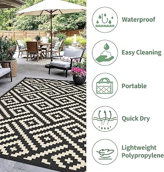 sarben Outdoor Rug for Patio - Waterproof Plastic Straw Camping Rugs 8x10 ft, Reversible Outdoor Indoor RV Mat Carpet for Patio, Porch, Deck, Balcony, Picnic, Beach, Black Beige