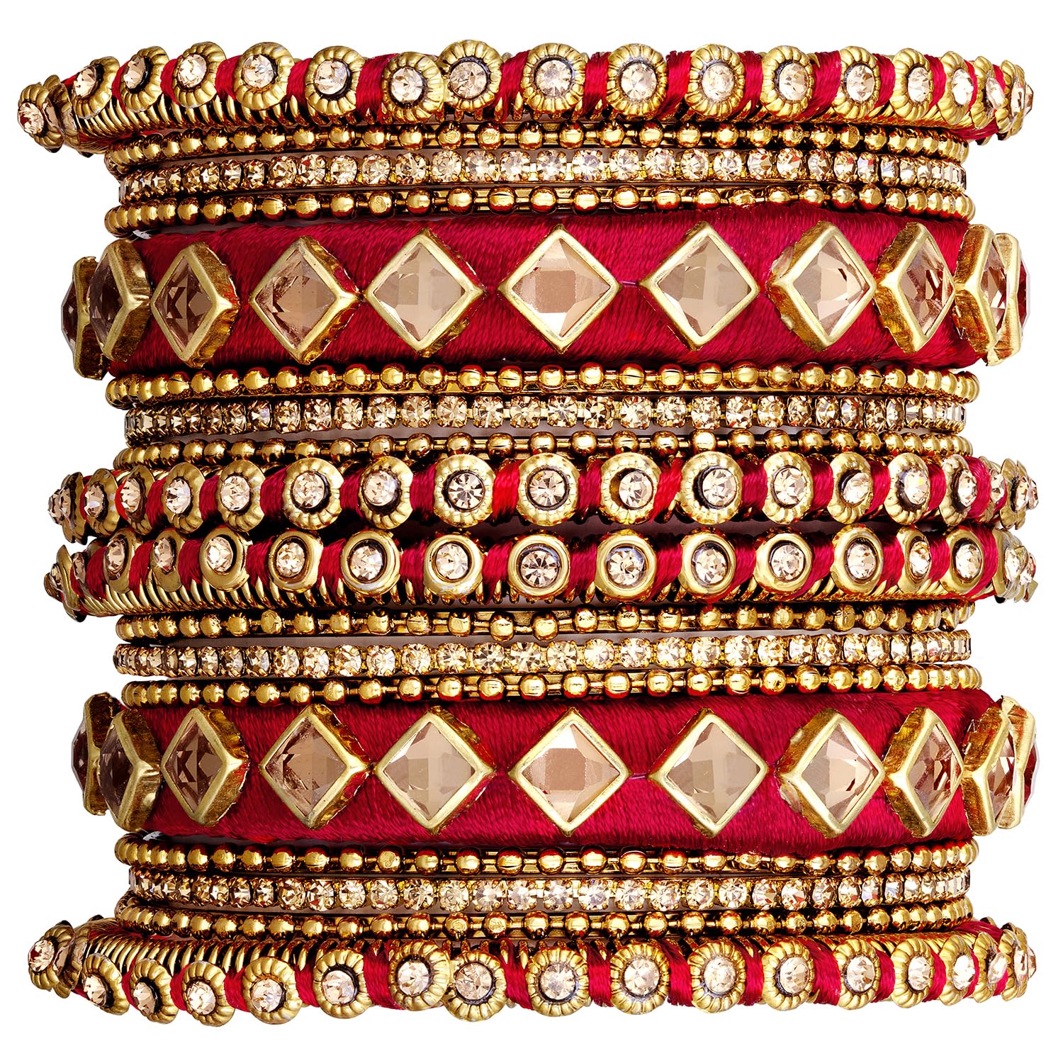 Peora Red Silk Thread Kundan Chuda Chura Bangle Set For Women and Girls (Size - 2.8)