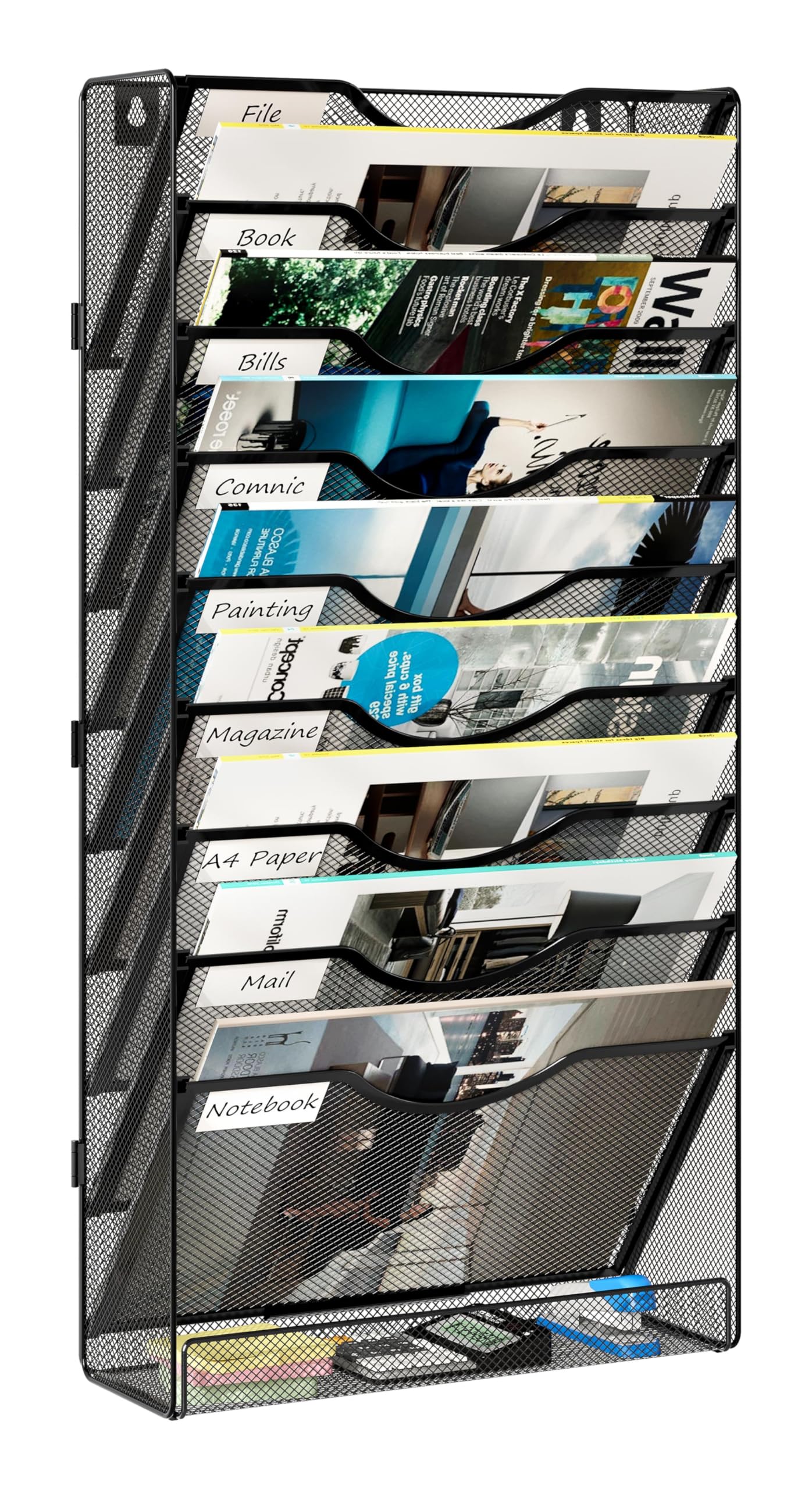 10 Tier Wall File Organizer, Vertical Mesh Paper Mail Organizer Wall Mounted Magazine Rack, Metal Clipboard Storage for Office, Home, Classroom, Black