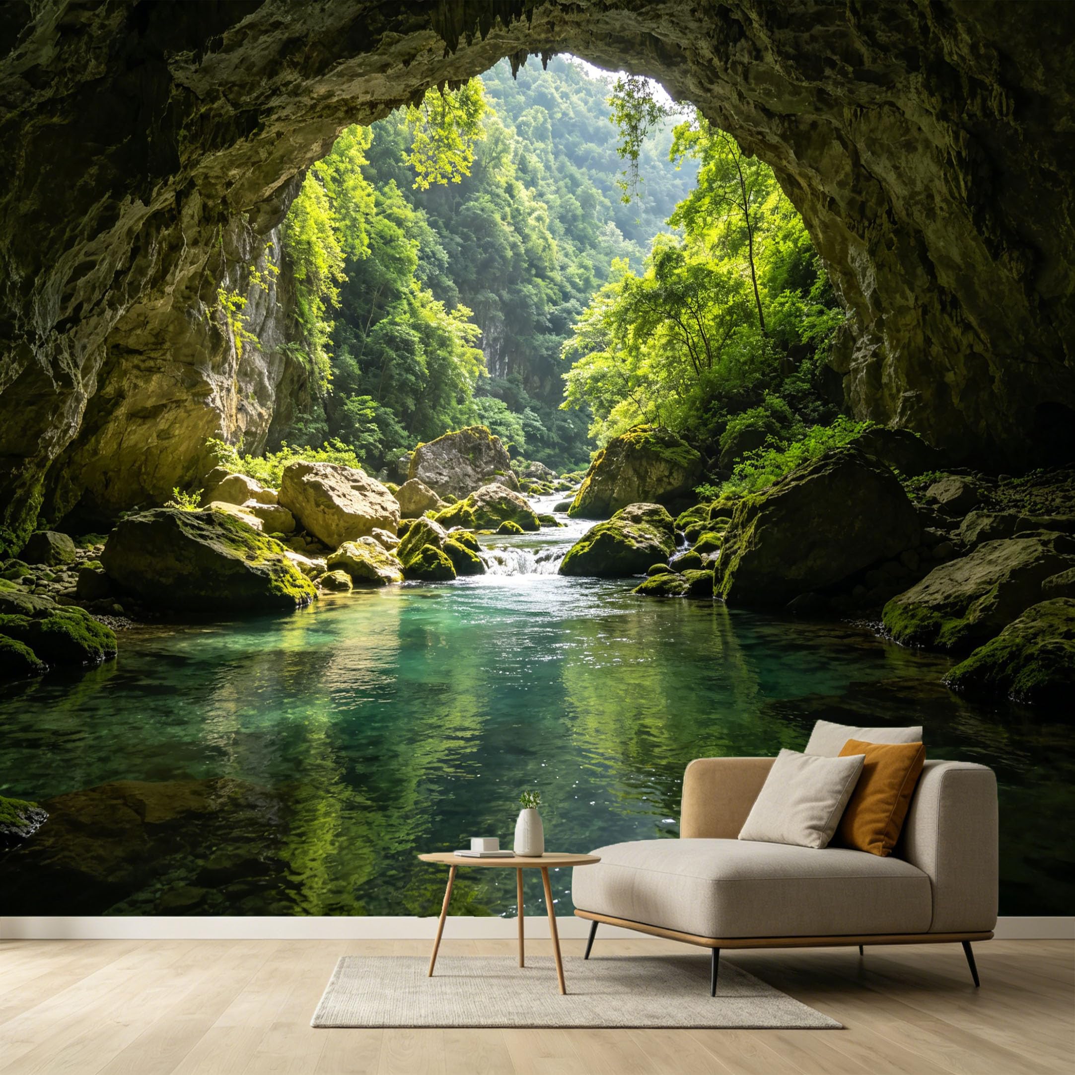 Custom Size Wall Murals Forest Cave River Landscape 3D Trompe L'Oeil SelfAdhesive Wall Fabric Removable Large Wallpaper for Photo Living Room Interior Decor