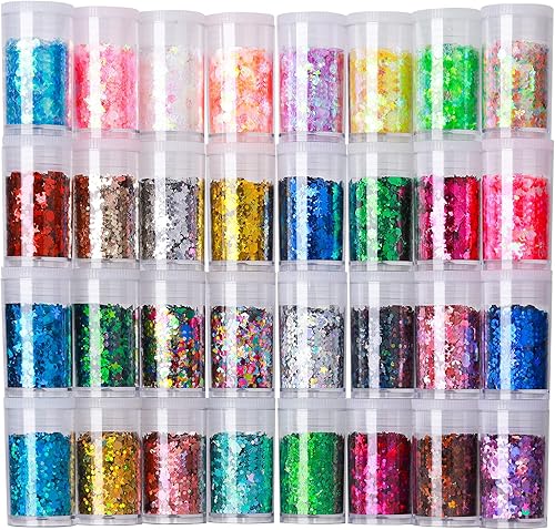 Teenitor - Mezcla de purpurina gruesa, brillo de uñas con estrellas, cosméticos para rostro, cuerpo y ojos, brillo para el cabello, 32 unidades