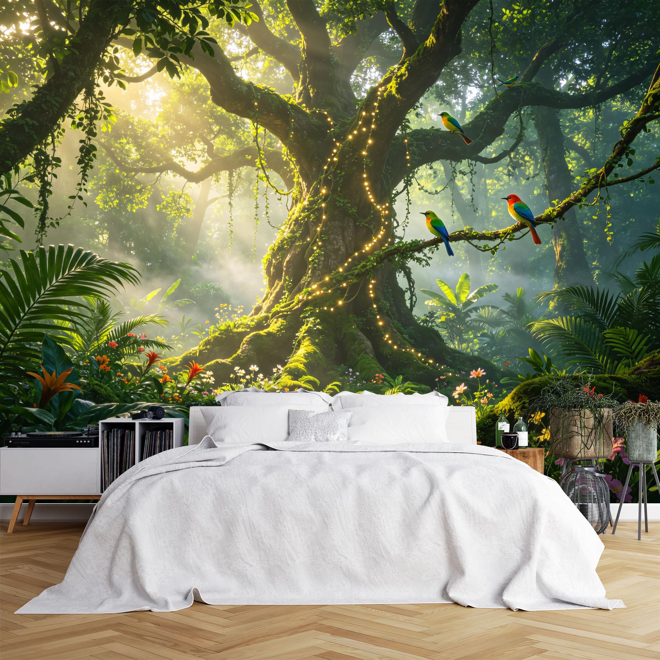 Lcythiazole Ch260615202 Custom Size Wall Murals Giant Mossy Tree Colorful Birds Jungle Vivid Self-Adhesive Wall Fabric (No Pvc) Removable Wallpaper For Living Room Decor