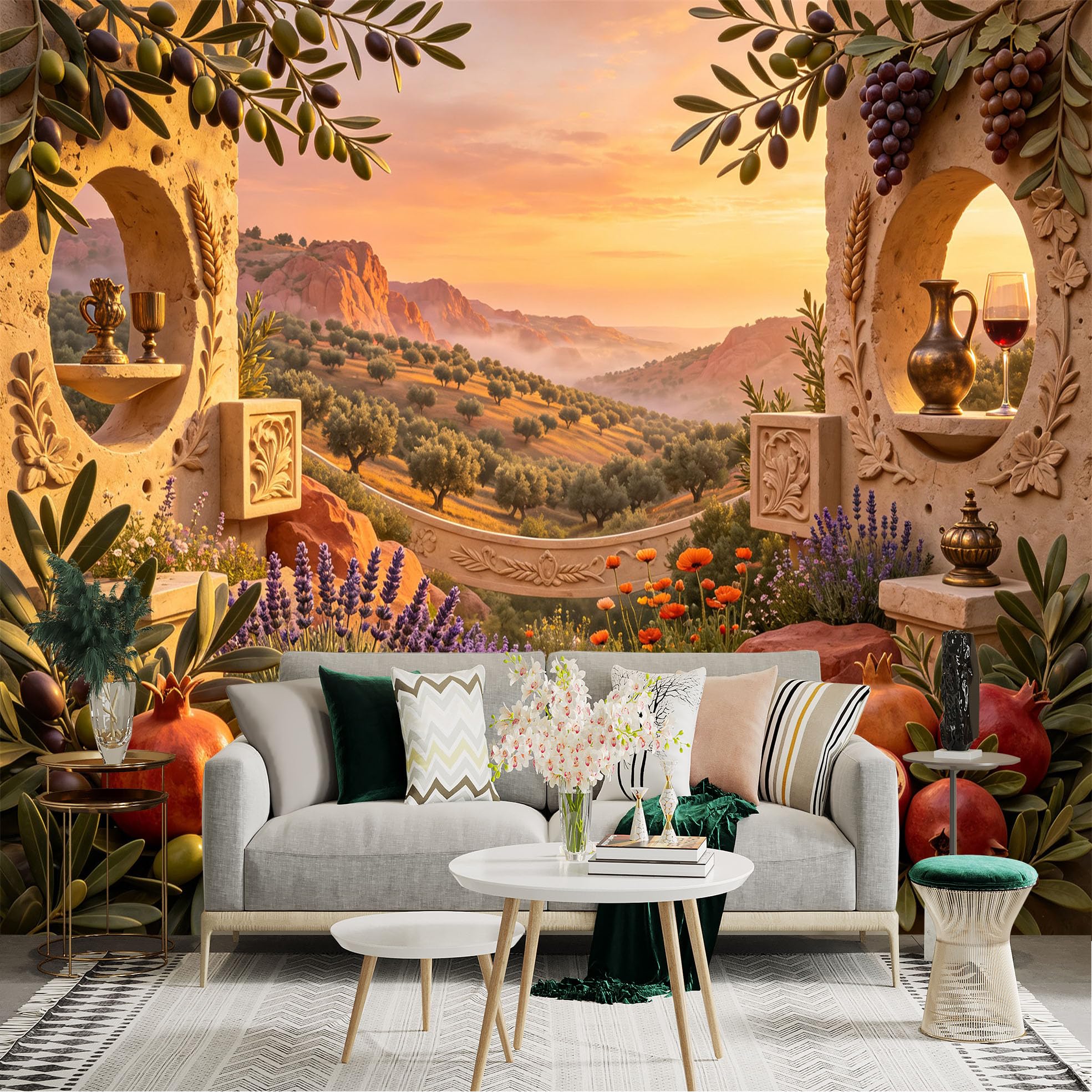 Lnzczhyre Bh260719071 Custom Size Wall Sticker Mural， Mediterranean Landscape， Sunset Orchard View， Pomegranate And Grapes Still Life， Floral Garden Terrace， For Wall Decoration， Peelandstick Wall Decals.