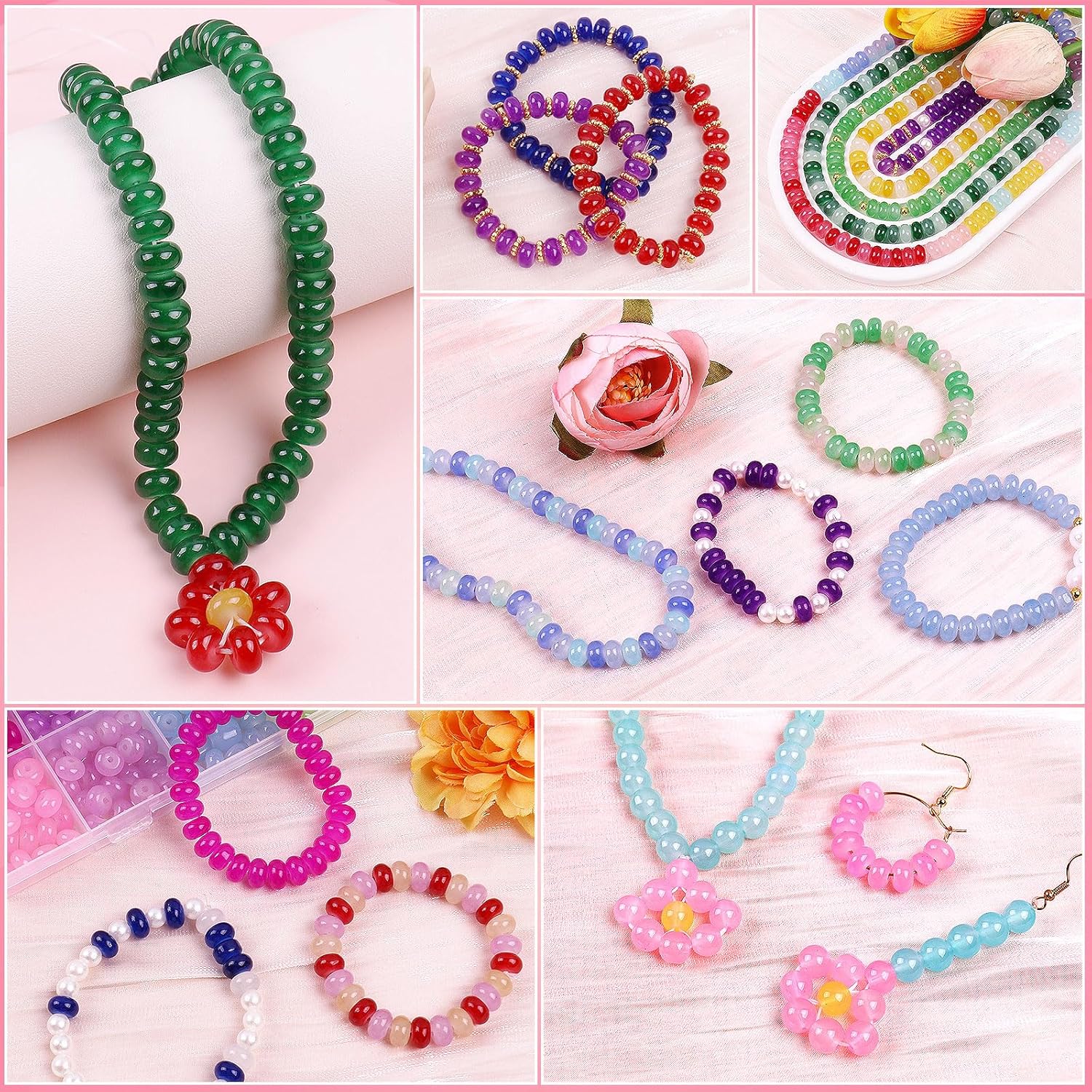 1250pcs Abacus Glass Beads for Jewelry Making, 5x8mm Crystal Rondelle Beads for Bracelets, 24 Colors Bracelet Making Kit with Gemstone Rondelle Spacer Beads for DIY Jewelry Crafts Gifts (2 Box) - Image 4