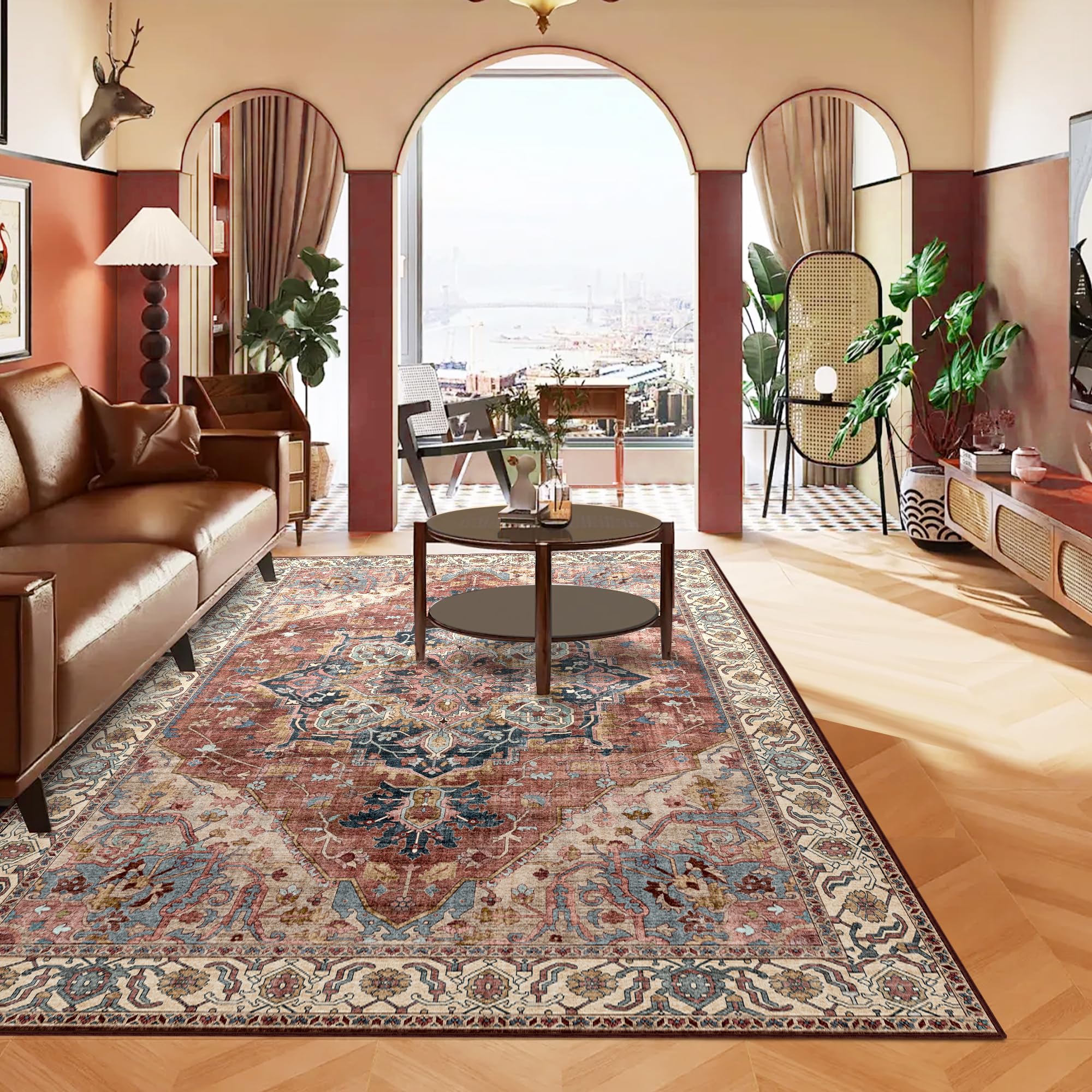 Boho Area Rug 6x9 Large Rug for Living Room Bedroom Office Kitchen Entrance Dining Room Non Slip Soft Low-Pile Vintage Rug Bohemian Washable Large Rugs for Bedroom, Brickred