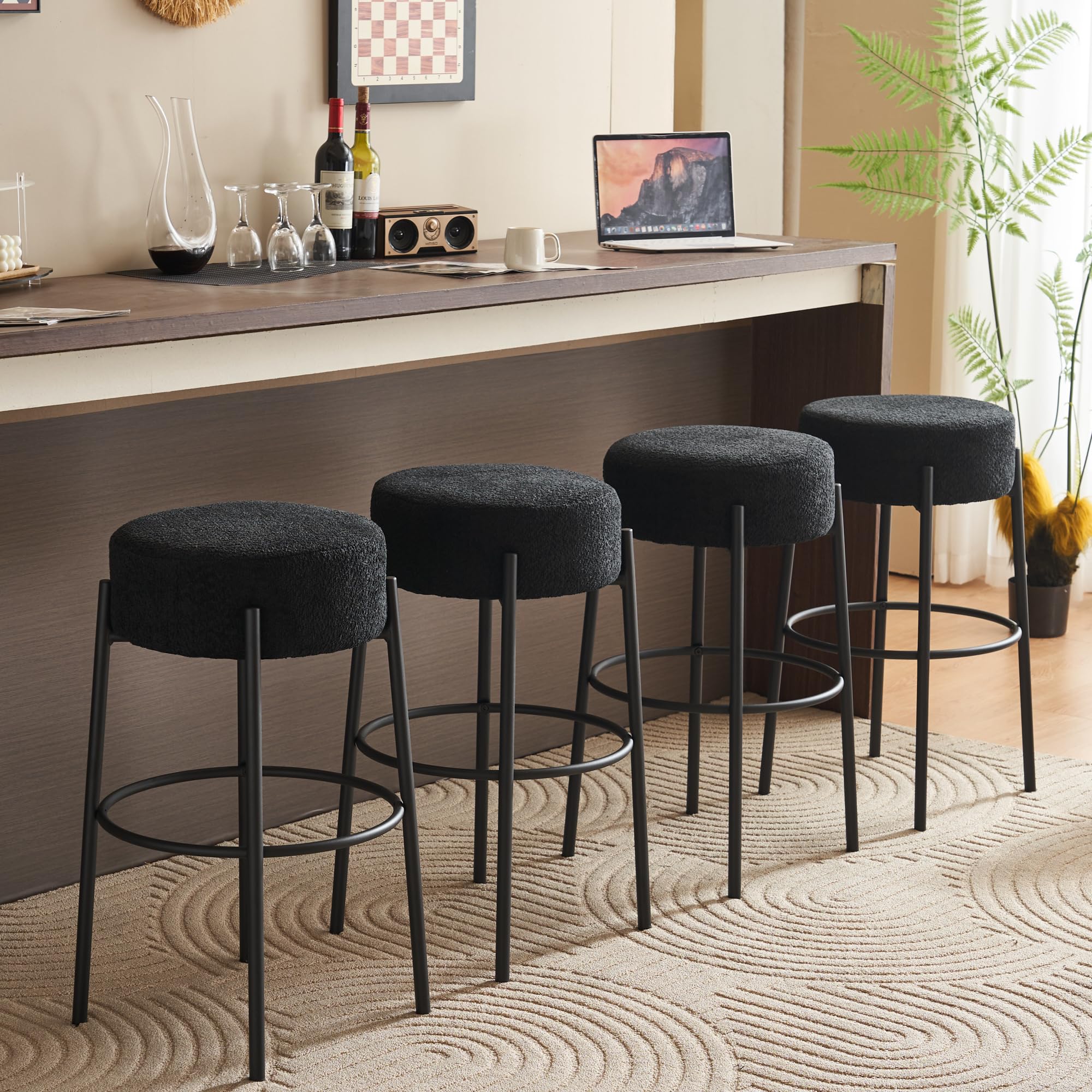 Round Bar Stools Set of 4,Teddy Fabric Upholstered Counter Stools,Dining Bar Chairs Counter Height Bar Stools with Metal Legs and Footrest for Kitchen