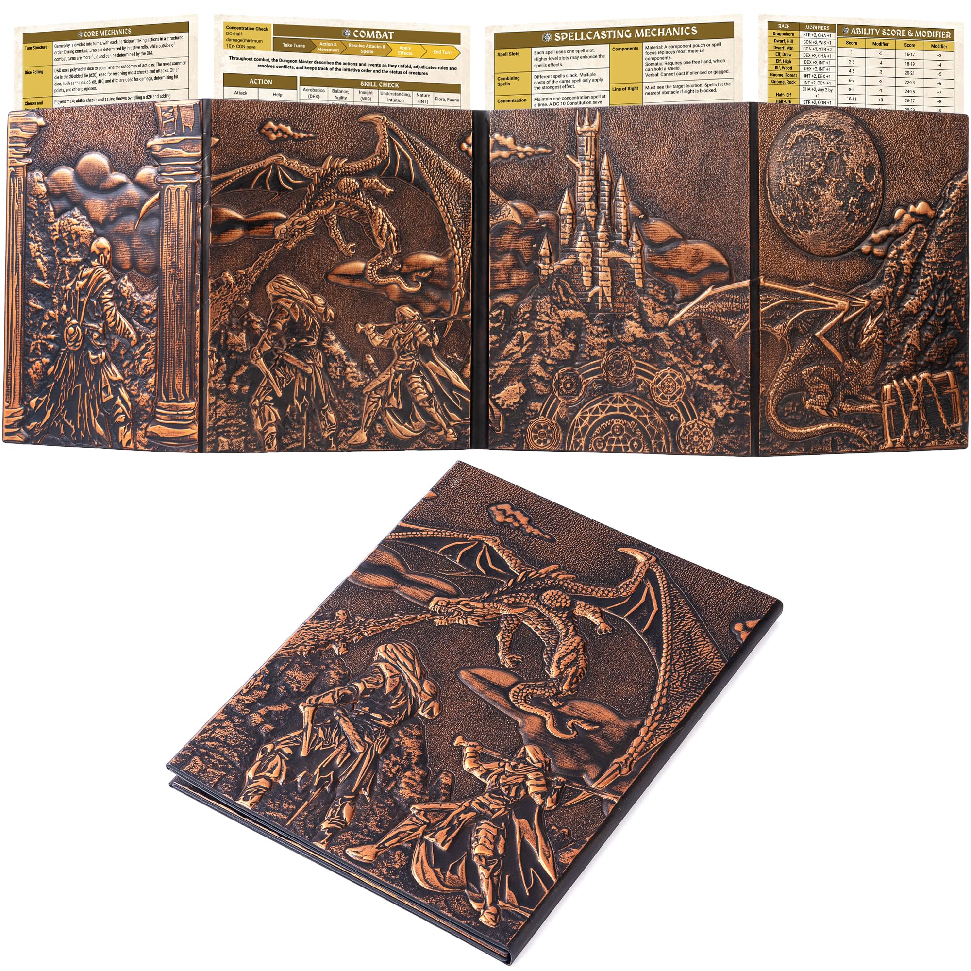 DM Screen for DND with 4 Wider Panels - Stunning Panoramic Battle Scene & Clear Game Master GM Pockets - 3D Embossed Faux Leather Dungeon Master Screen for D&D, RPG (Fits US Letter 8.5 x 11)