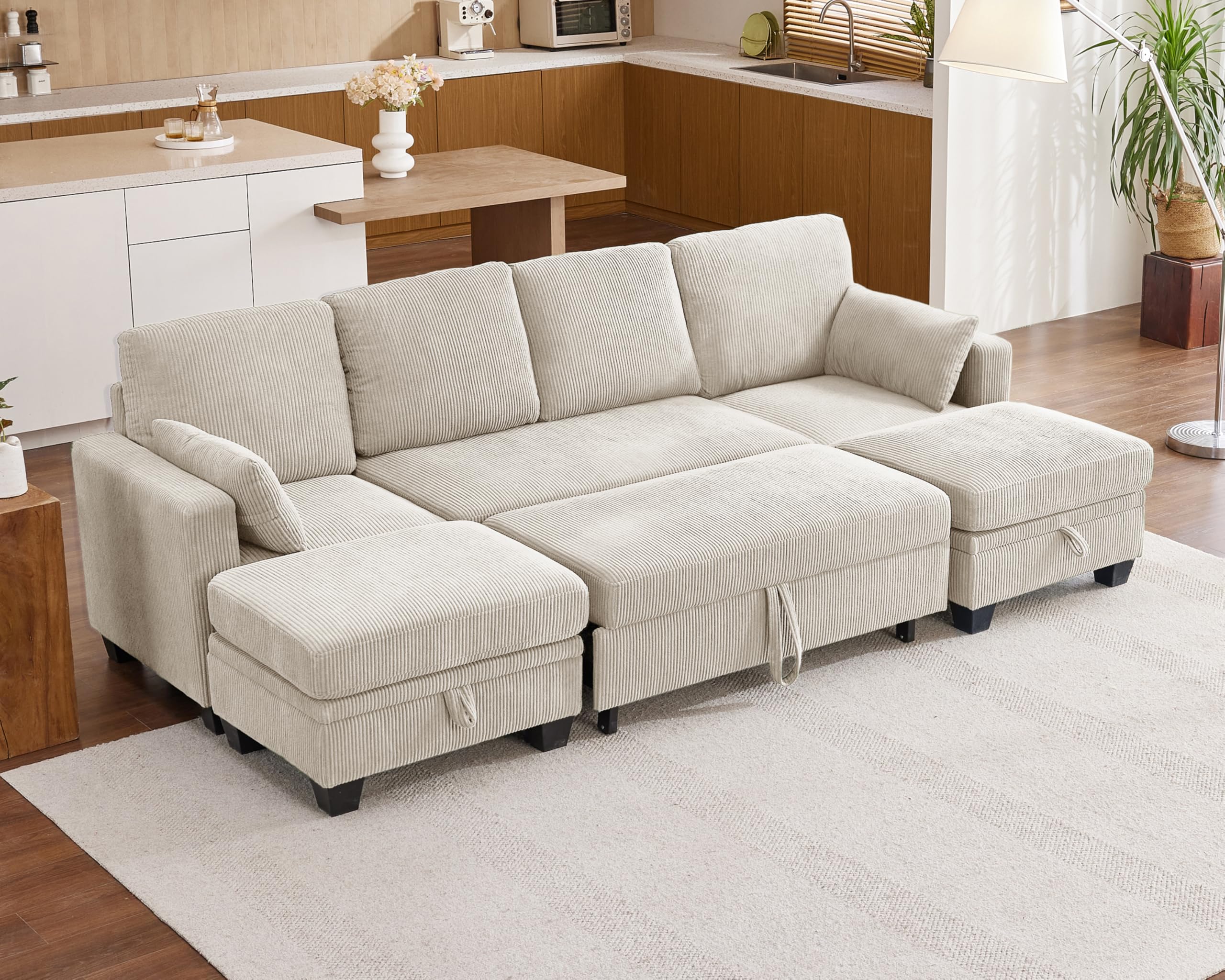 Modular Sofa with Pull Out Bed, Corduroy Sectional Convertible Shaped Sleeper with Storage Ottoman,11 Seater Reversible Chaise Couch for Furniture Sets, Living Room (8 Seater 101" W* 52" D, Beige) 8 Seater 101"W* 52"D Beige