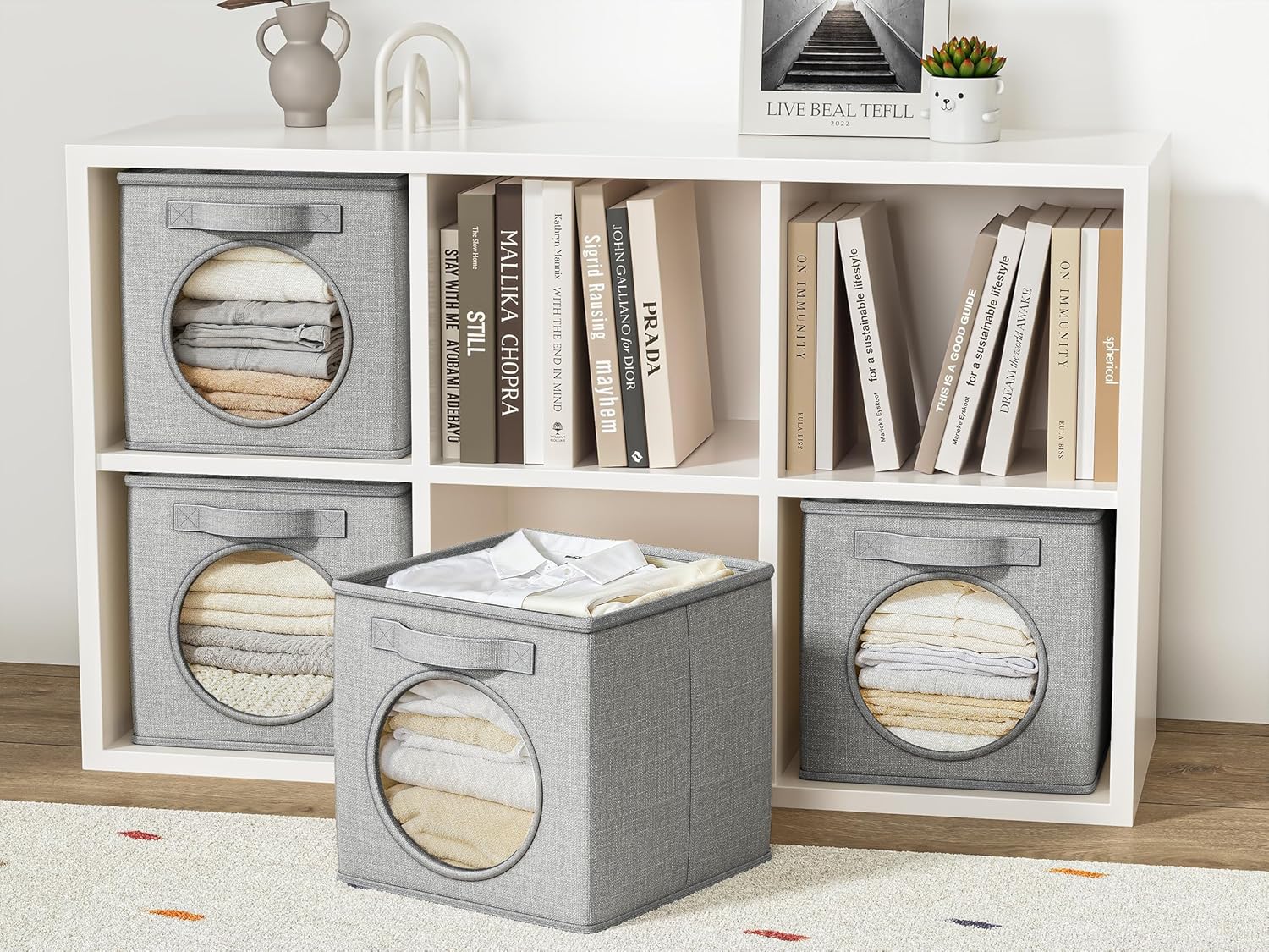 Vailando Ultra Thick Fabric Foldable Storage Bins with Mesh Window - 13 Inch Cube Storage Organizer for Clothes, Shelves, Offices, Toys & Misc, Light Gray, 4 Pack