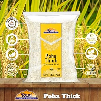 Rani Poha (Powa) Thick Medium-Cut (Flattened Rice) 14oz (400g) ~ All Natural, Salt-Free | Vegan | No Colors | Gluten Friendly | Indian Origin