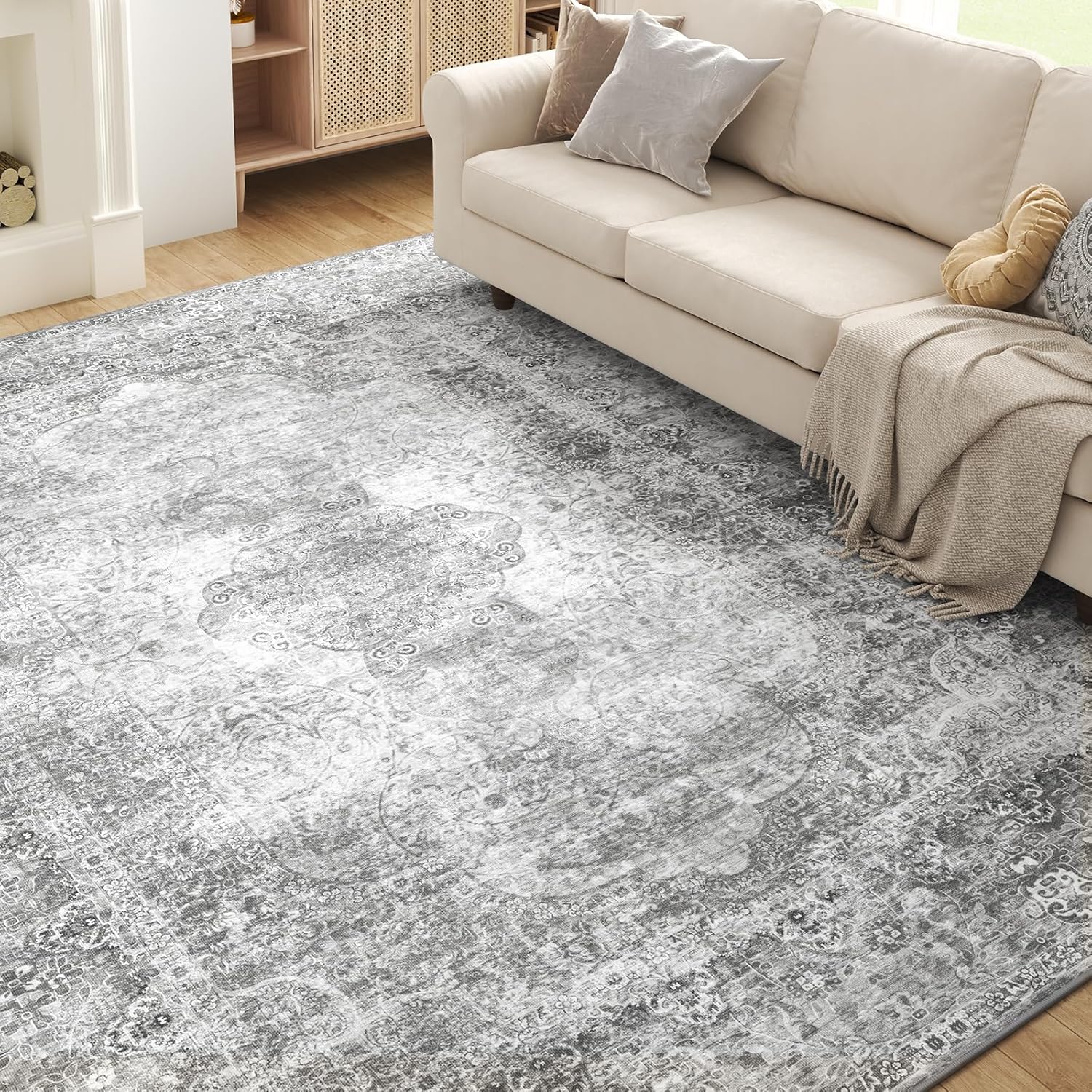 Grey Washable 8x10 Area Rugs for Living Room Rug Bedroom Rug-Carpet Distressed Neutral Vintage Dining Room Rugs for Under Table Soft Comfortable Non Slip Light Grey 8' x 10' (Rectangular)