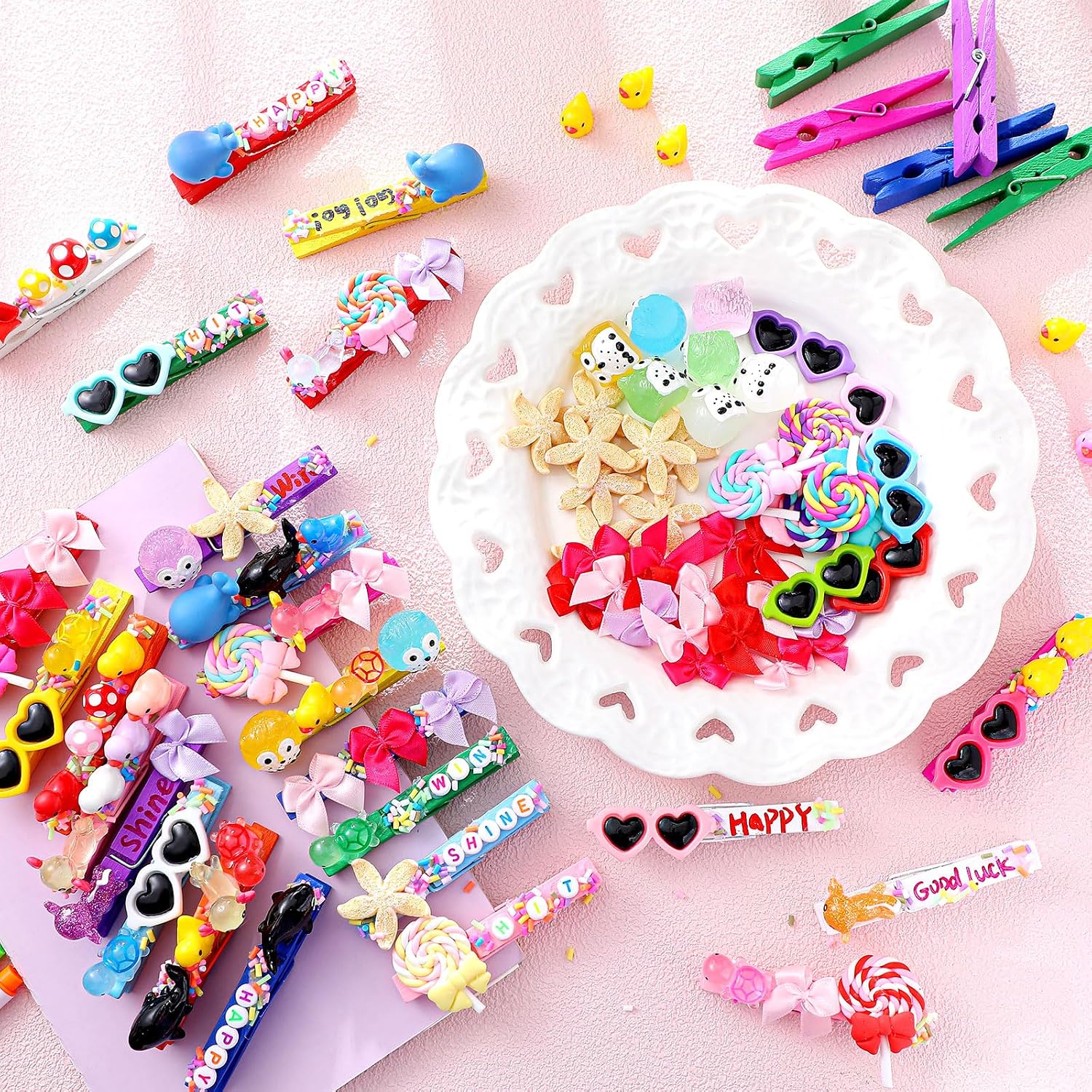 Weysat 80 Set Cheer Pins Spirit Clips 80 Colored Wooden Clothes Pins Include 100 Mini Resin Ducks Axolotl 40 Mini Bows 200 Letter Beads and Paint Brushes for Backpack DIY Ribbon Team Cheerleader Gifts