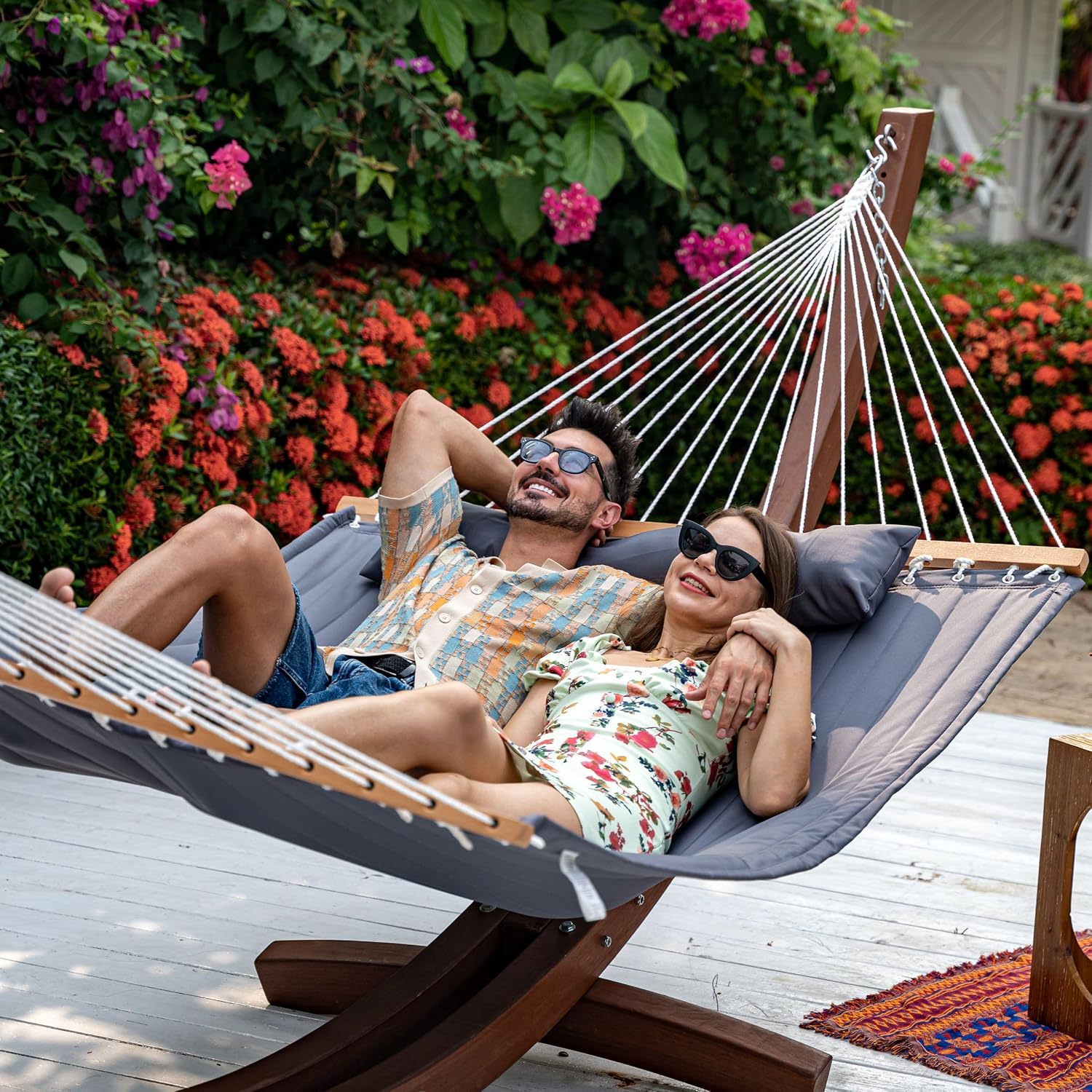 Lazy Daze Hammocks 2 Person Double Quilted Fabric Hammock with Spreader Bar, Detachable Pillow, Side Pocket, Carabiners, Chains, Straps for Outdoor, 450lbs Capacity, Grey