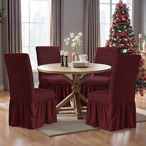 Miniatura 5 de CHUN YI Juego de 6 fundas para sillas de comedor, fundas universales elásticas para sillas de comedor con falda, fundas extraíbles para sillas
