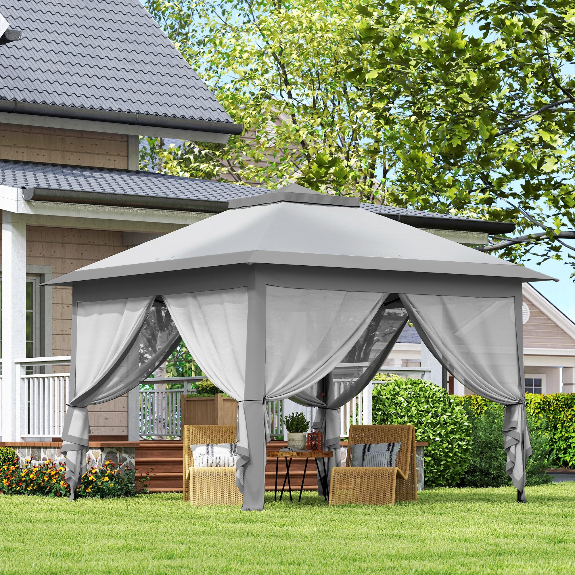 Outsunny Gazebo Pop Up 3.3x3.3 m Regolabile in Altezza su 3 Livelli con Zanzariere, Gazebo da Esterno con Tetto Doppio, Pannelli Laterali e Borsa da Trasporto in Metallo e Tessuto Oxford, Grigio