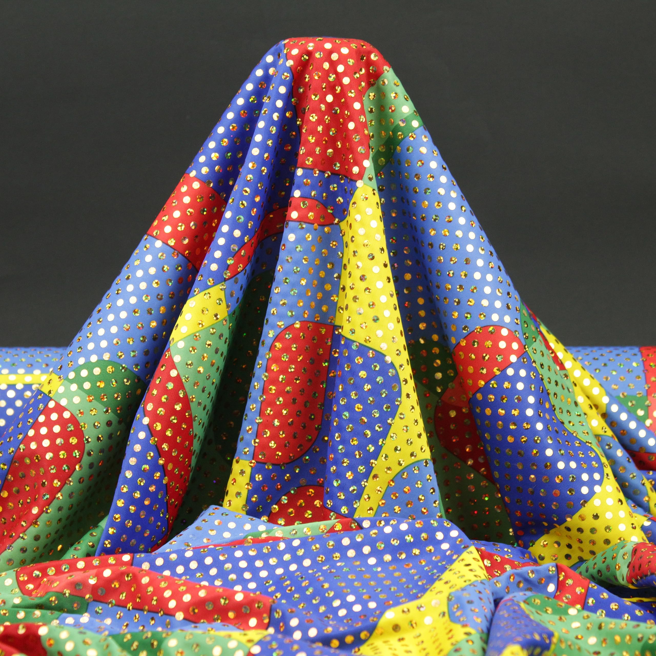 TELA POR METROS DE PUNTO PAN DE ORO ELÁSTICO MULTICOLOR CON LENTEJUELA FIJA SERIE MIRÓ, ANCHO 150cm (3 METROS)