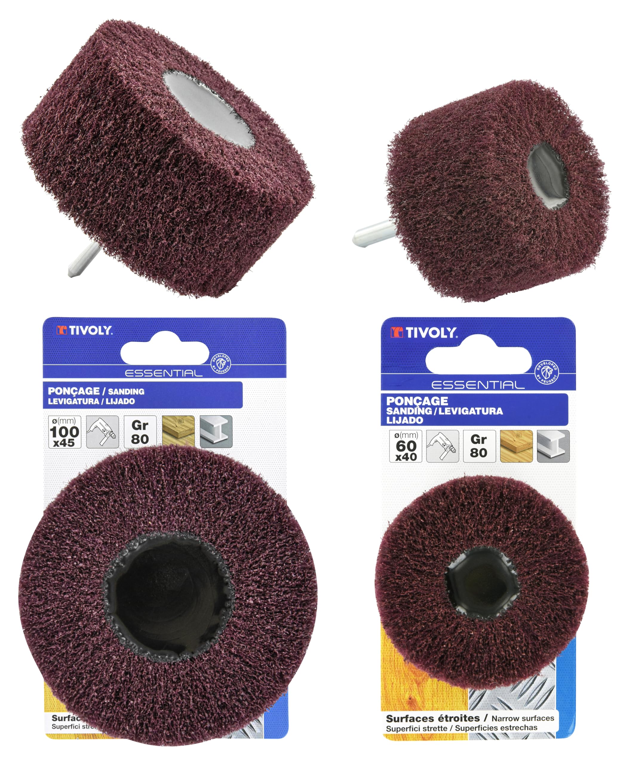 TIVOLY - Lot 2 Roues Abrasives Mousse Perceuse - Grains 80 - Ø60/100mm - Nylon Corindon - Nettoyage, Décapage Bois & Métal