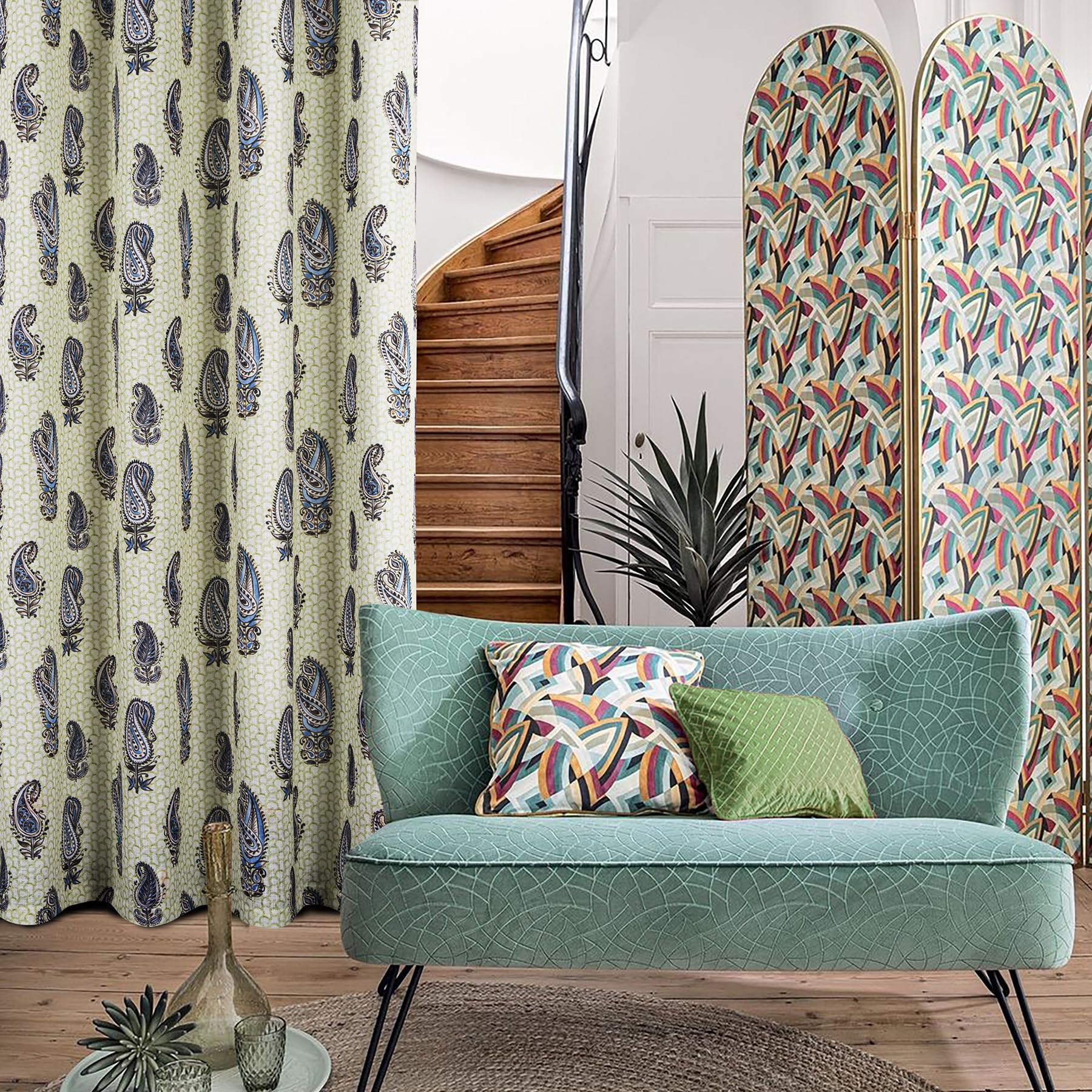 always4u Linen Look Curtains Semi-sheer Eyelet Printed Curtains Blue Paisley Pattern Window Treatments for Living Room Bedroom Decoration Retro Textured 1 Pair W46 x L54 Inches