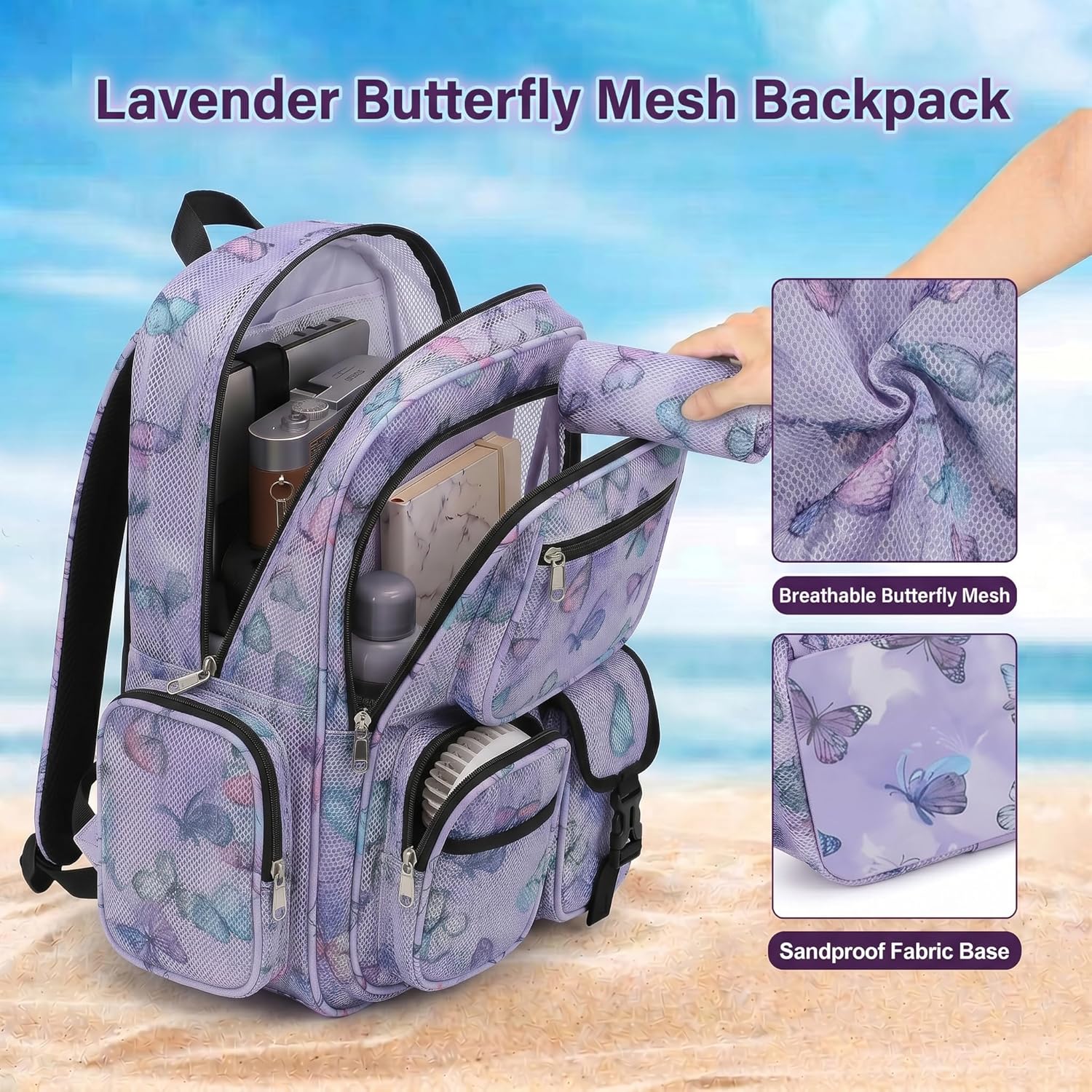 Mesh Backpacks for School, Heavy Duty Breathable See Through Bookbag for Women Girls Boys Kids, Large Capacity Mesh bag for Beach Swimming Gym Work Travel- Butterfly Purple