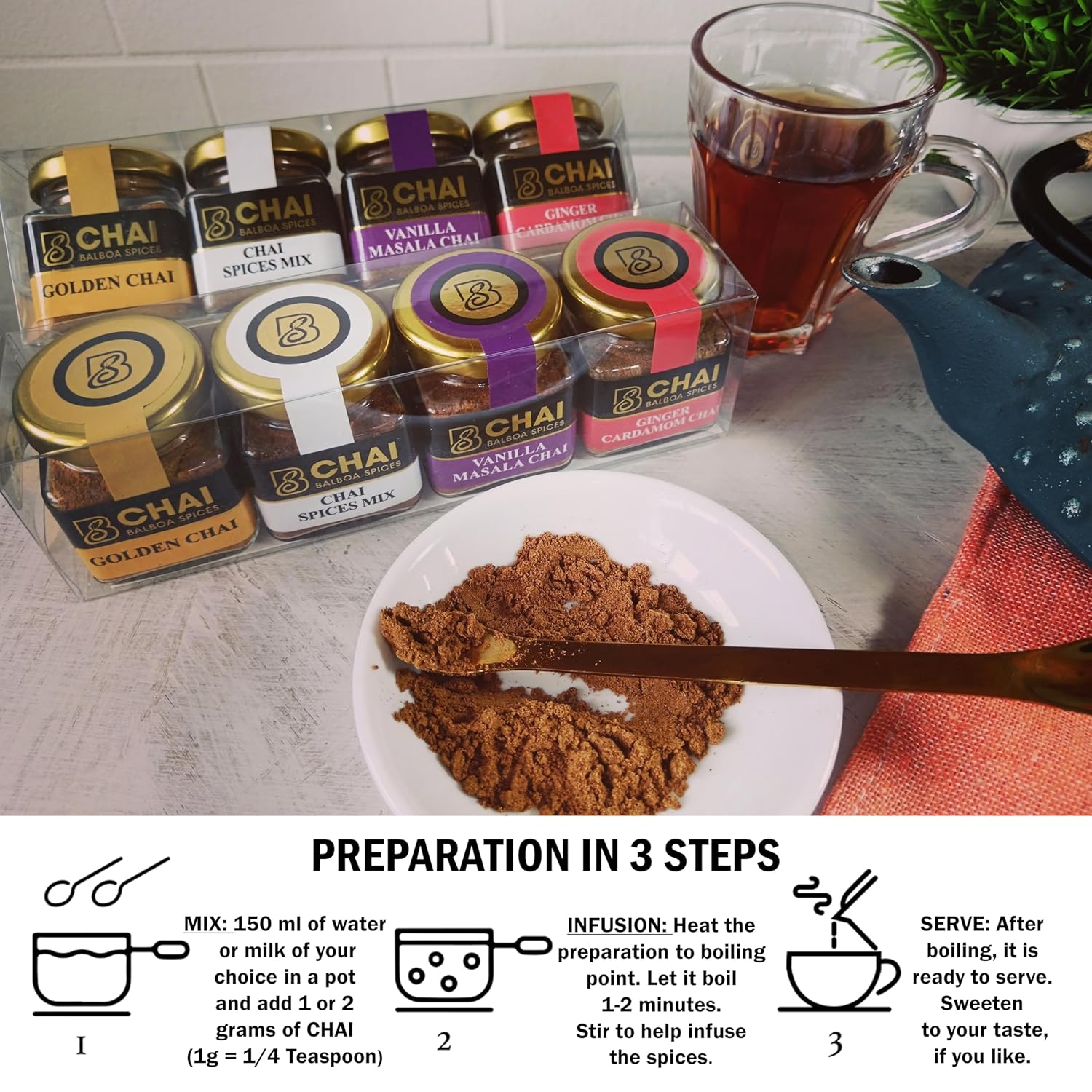 Balboa Spices Premium Chai Kit – 80 Cups – Classic Masala Chai – Sugar Free, Caffeine Free, Dairy Free – Vegan Keto Natural Powder – 4 Flavors in Glass Jars – Healthy Gift & Travel Set