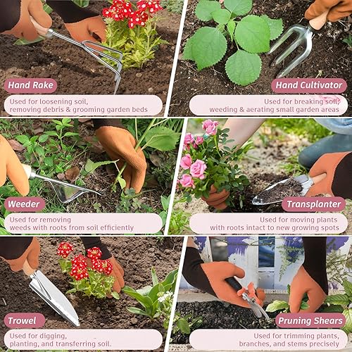 Miniatura 5 de Juego de 22 herramientas ergonómicas de jardín para mujeres, kit de herramientas de mano de alta resistencia, incluye práctica bolsa de mano,