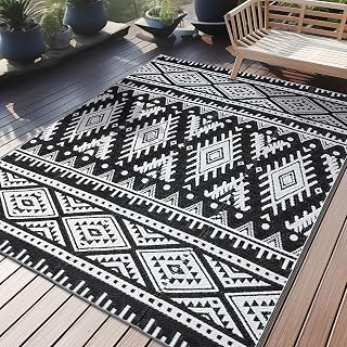 OLANLY 5x8 ft Waterproof Outdoor Rug Reversible Plastic Straw Boho Patio Rug for Deck, RV, Camp, Balcony - Black & White
