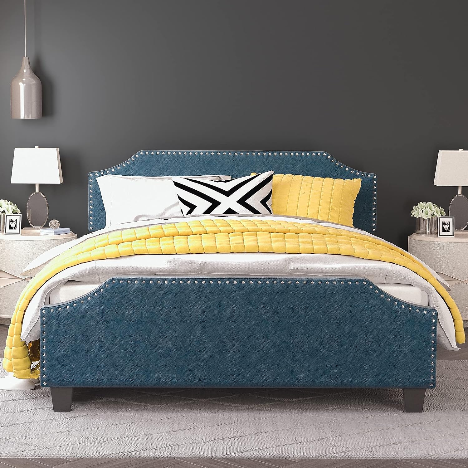 LIKIMIO Bed Frame Queen, Modern Upholstered Platform Bed with Headboard and Footboard, Heavy Duty Wood Slat Support, Easy Assembly, No Box Spring Needed, Blue
