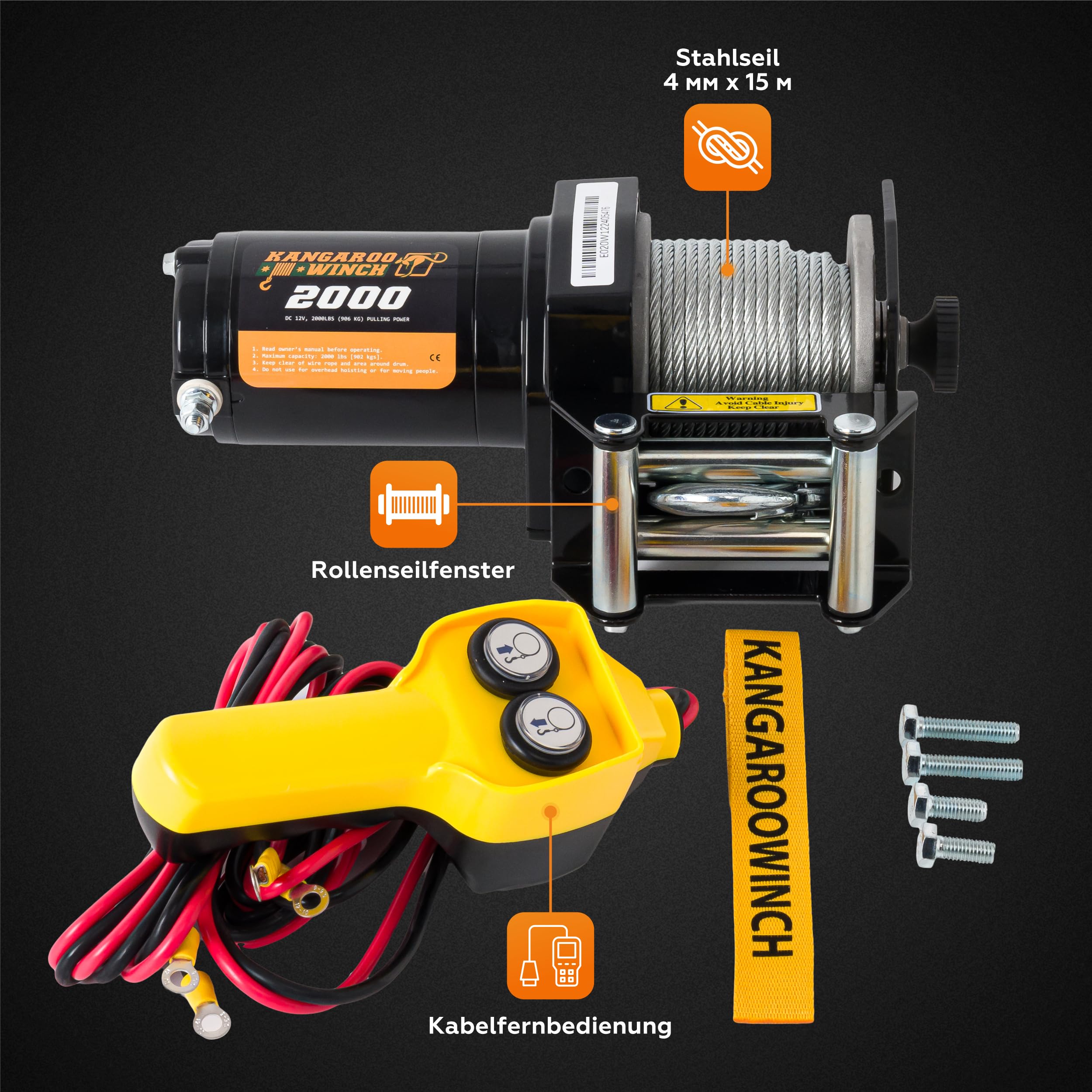 Elektrische Seilwinde 12V - 2000 LBS / 906 kg Zugkraft - Ideal für ATV, Quad und Offroad Einsätze - Robuste Konstruktion - Inklusive Stahlseil und Praktischer Kabelfernbedienung (K2000)