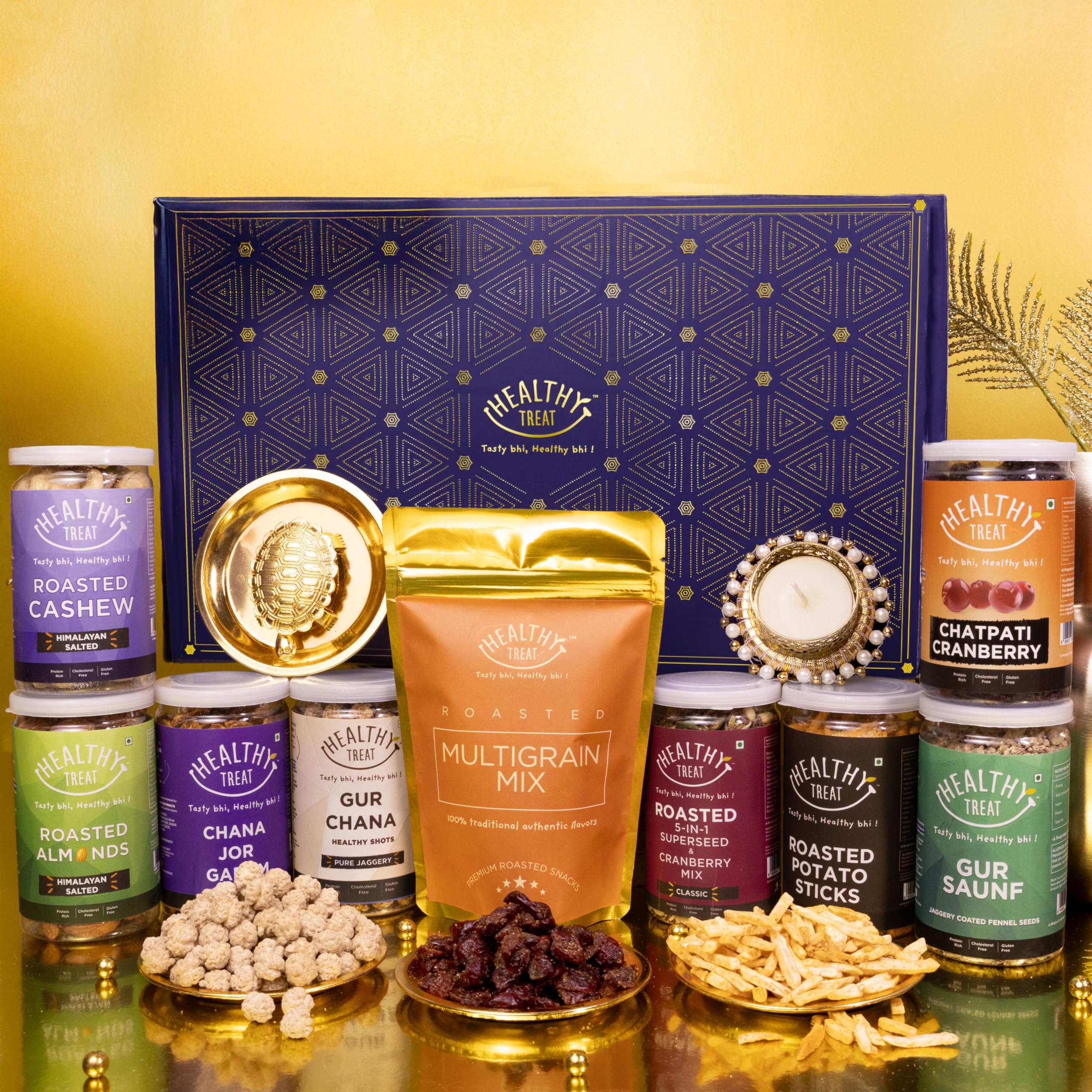 Healthy Treat Grand Diwali Gift Hamper | Roasted Dry fruits, Healthy Snacks, Diwali-Gift Box with Vastu Turtle, Brass Diya & Greeting Card | Wholesome Corporate Gifting | Deepawali Gift Hamper for Gifting